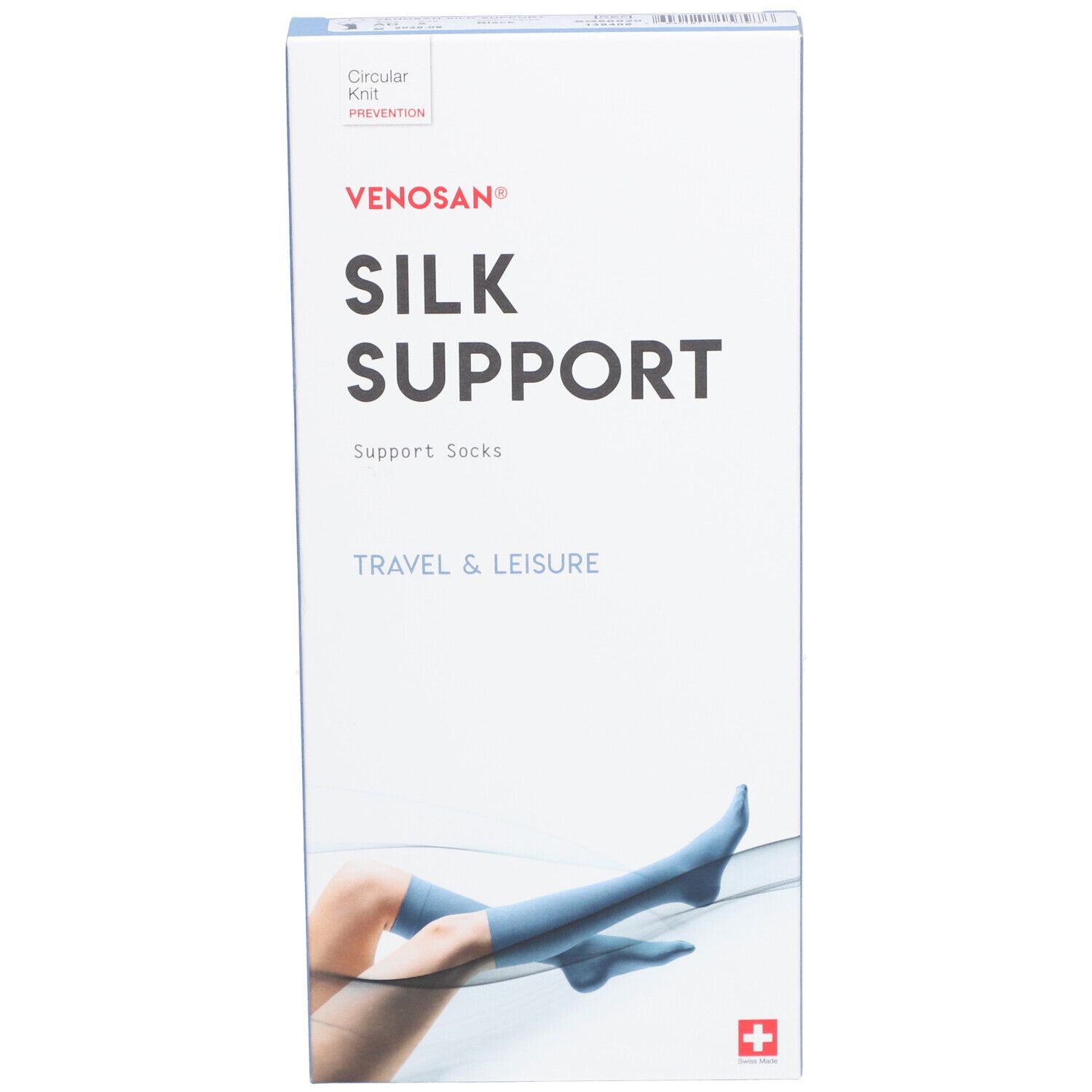 Venosan Silk Support verpakking. Opschrift: Silk Support, Travel & Leisure, Zwitsers kruis. Illustratie: been met kous.