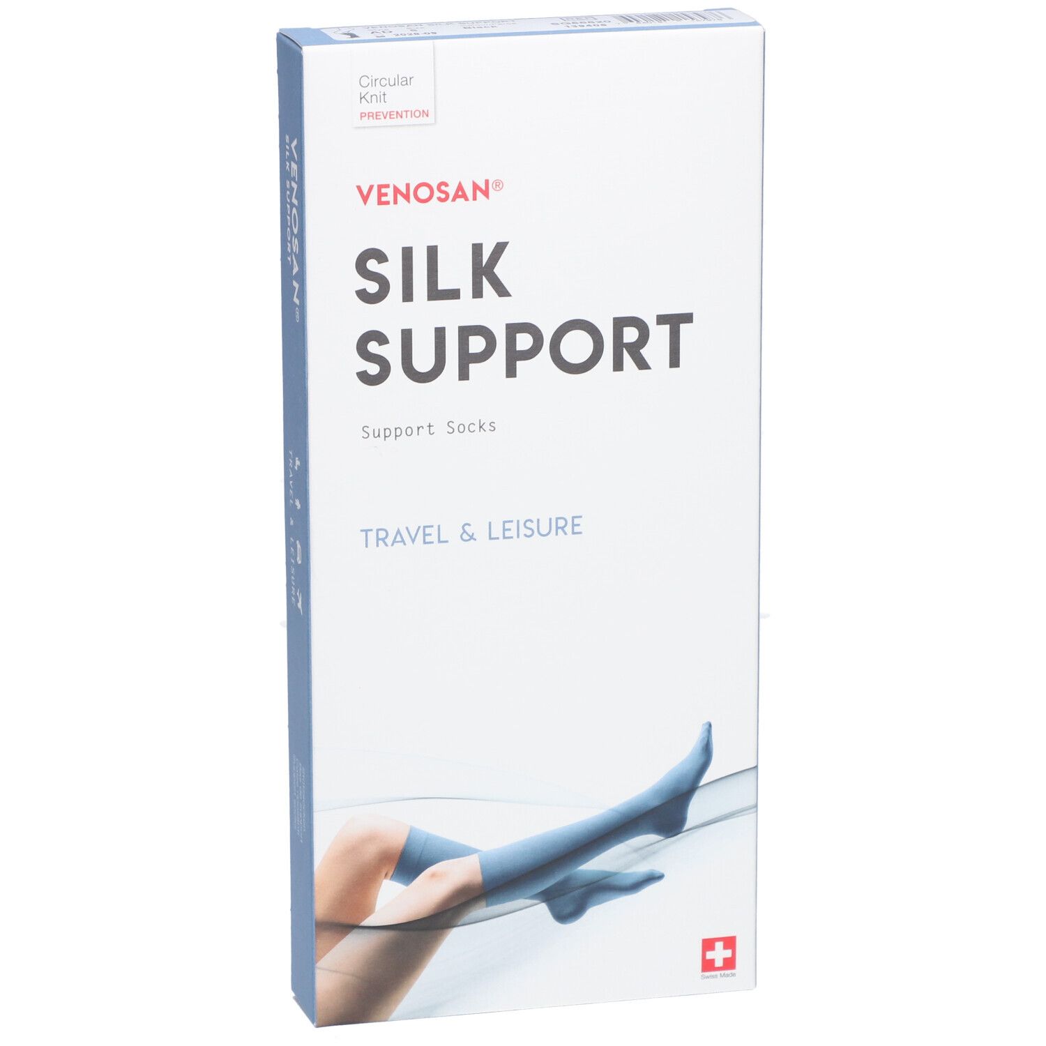 Venosan Silk Support verpakking. Opschrift: Silk Support, Travel & Leisure, Zwitsers kruis. Illustratie: been met kous.