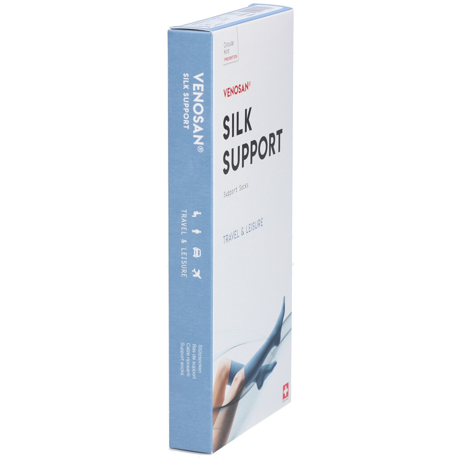 Vue latérale de l'emballage Venosan Silk Support. Texte : SILK SUPPORT, TRAVEL & LEISURE. Couleurs : bleu et blanc.