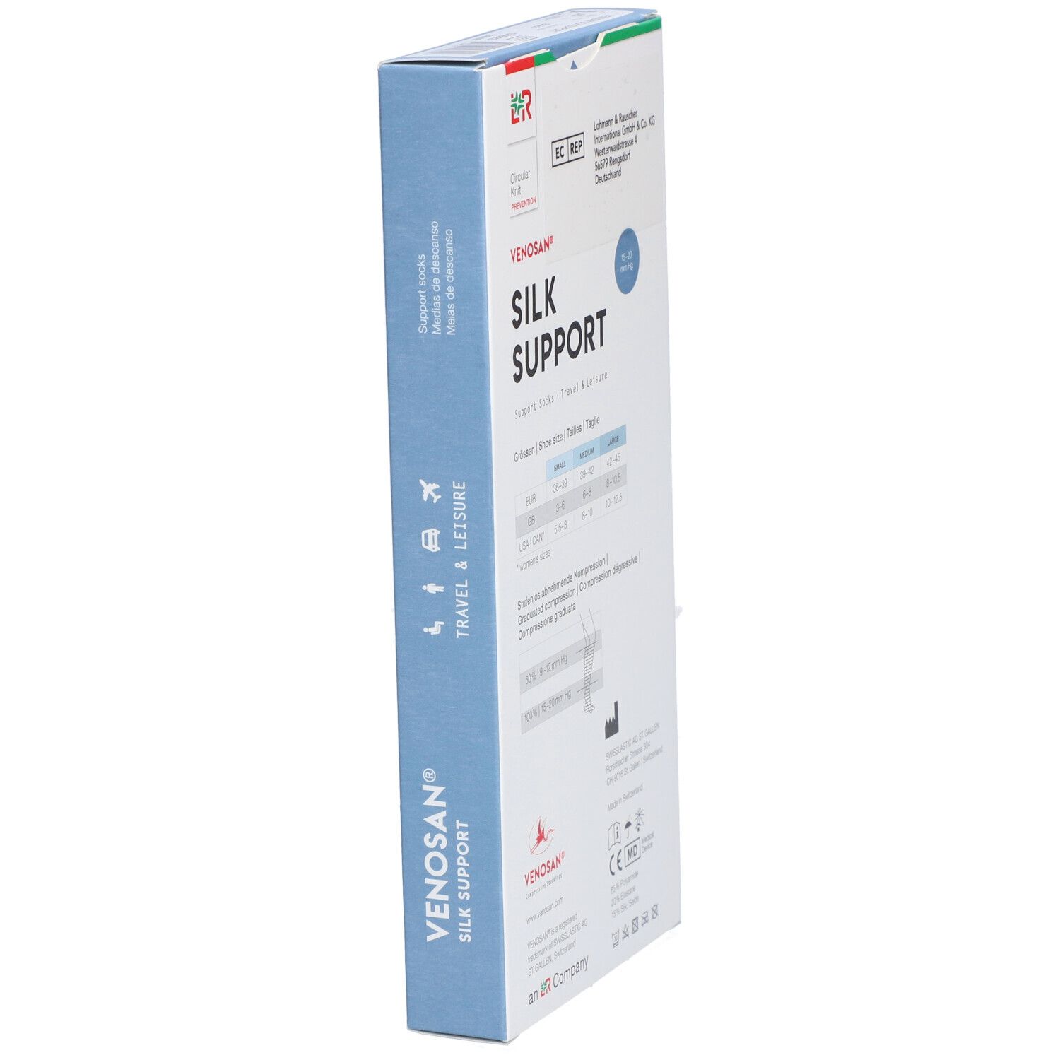 Vue latérale de l'emballage Venosan Silk Support. Texte : SILK SUPPORT, TRAVEL & LEISURE. Logos : CE, MD. Informations de taille.