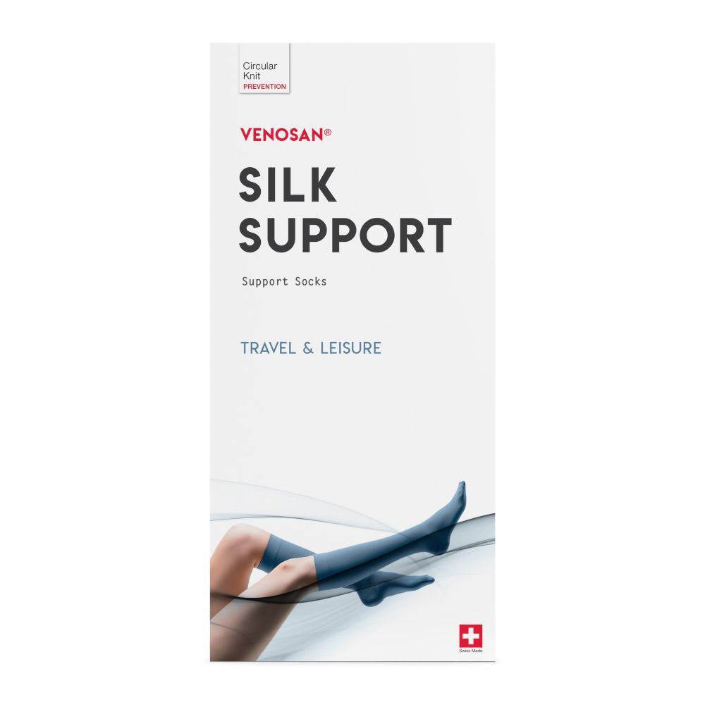 Emballage de bas de soutien VENOSAN SILK SUPPORT. Texte : SILK SUPPORT, TRAVEL & LEISURE. Croix suisse.