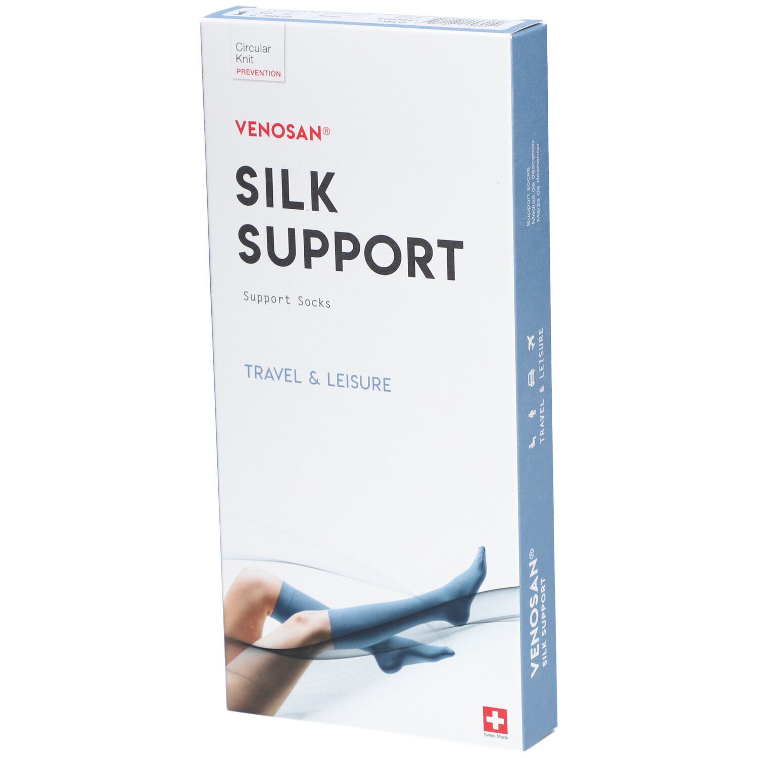 Emballage de bas de soutien VENOSAN® SILK SUPPORT. Texte principal : SILK SUPPORT. Illustration : jambe avec bas bleu.