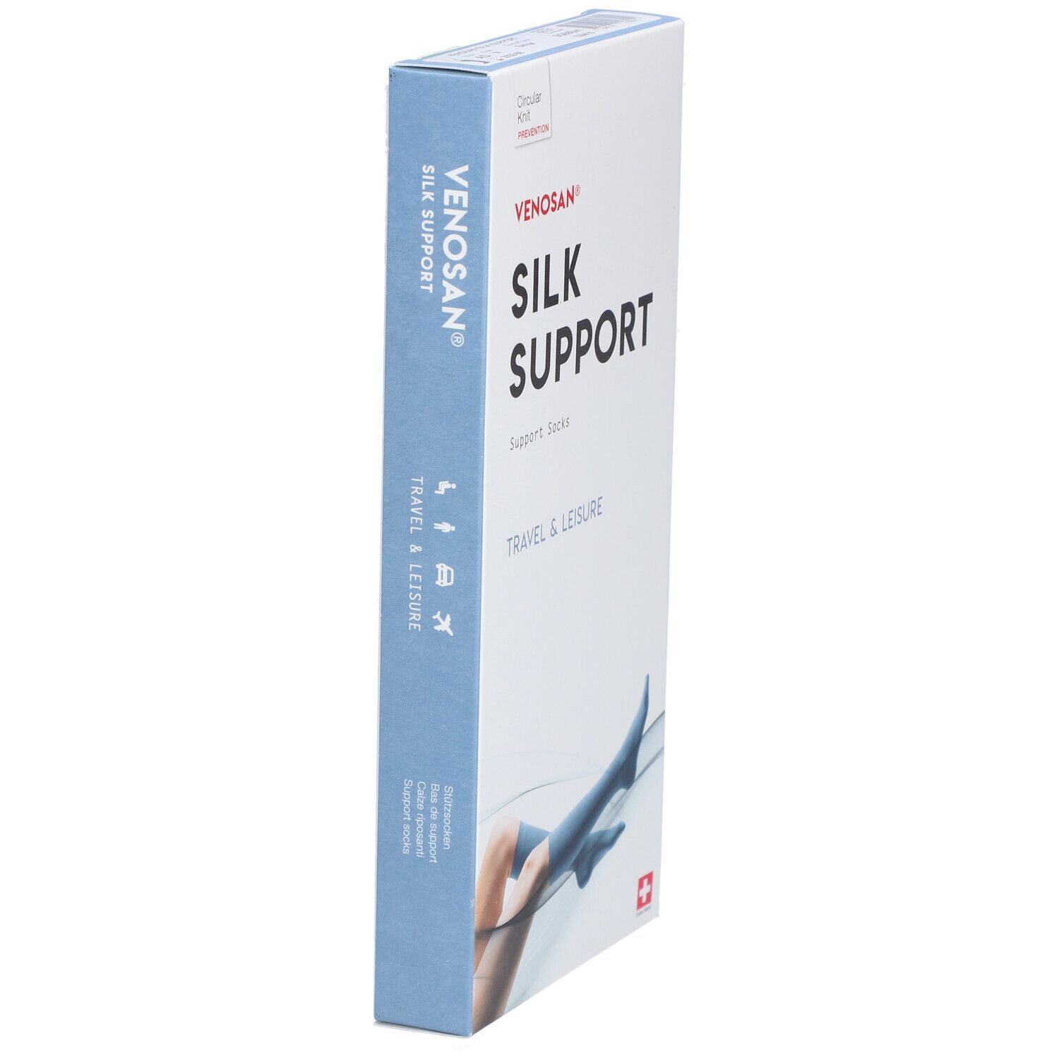 Vue latérale de l'emballage VENOSAN® SILK SUPPORT. Texte : SILK SUPPORT, TRAVEL & LEISURE. Logo et croix suisse.