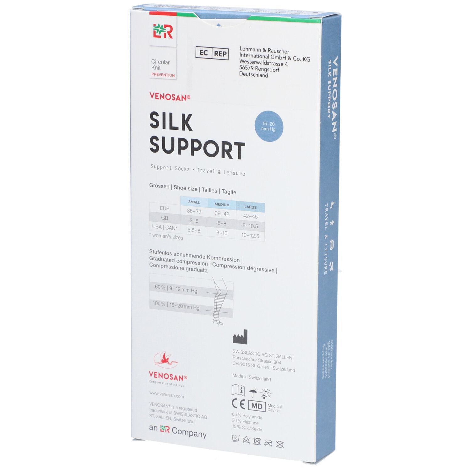 Dos de l'emballage VENOSAN® SILK SUPPORT. Informations sur les tailles, fabricant, marquage CE.