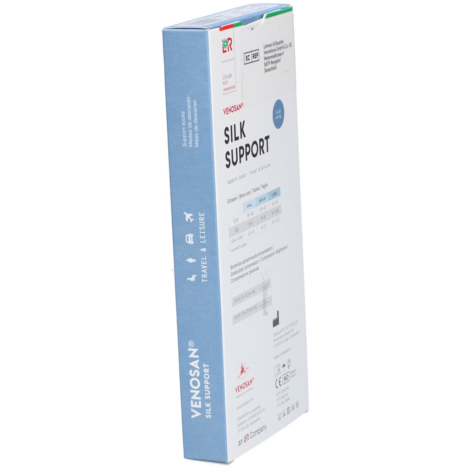 Vue latérale de l'emballage VENOSAN® SILK SUPPORT. Informations sur les tailles, fabricant, marquage CE.