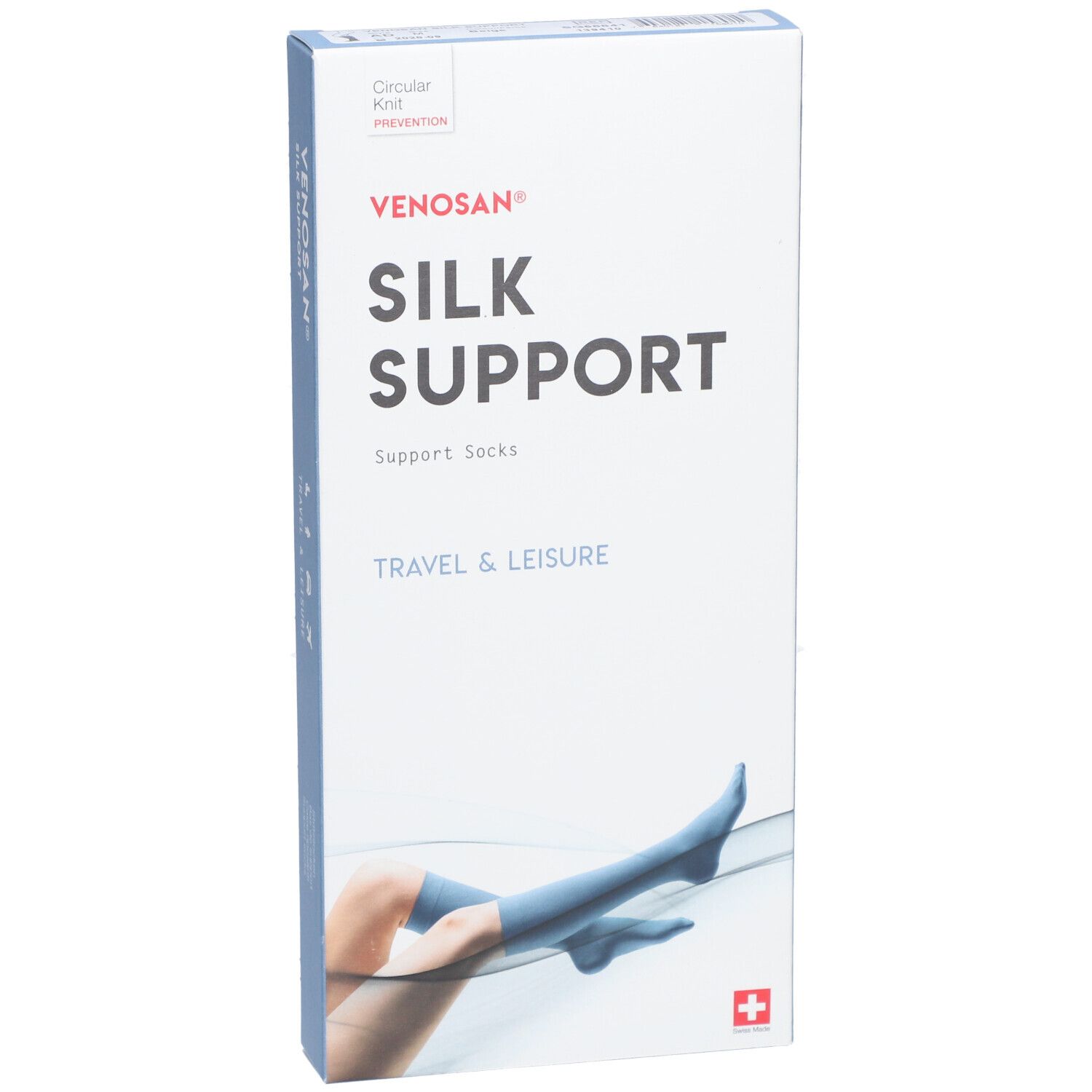 Emballage de bas de soutien VENOSAN® SILK SUPPORT. Texte principal : SILK SUPPORT. Illustration : jambe avec bas bleu.