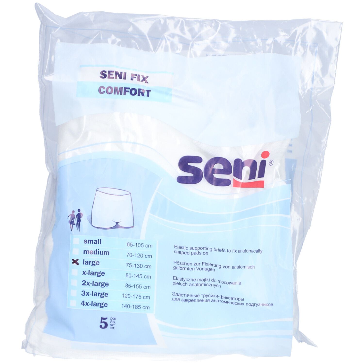 Verpakking SENI Fix Comfort maat L. Witte fixatiebroekjes in plastic verpakking. Maatindicaties en Seni logo zichtbaar.