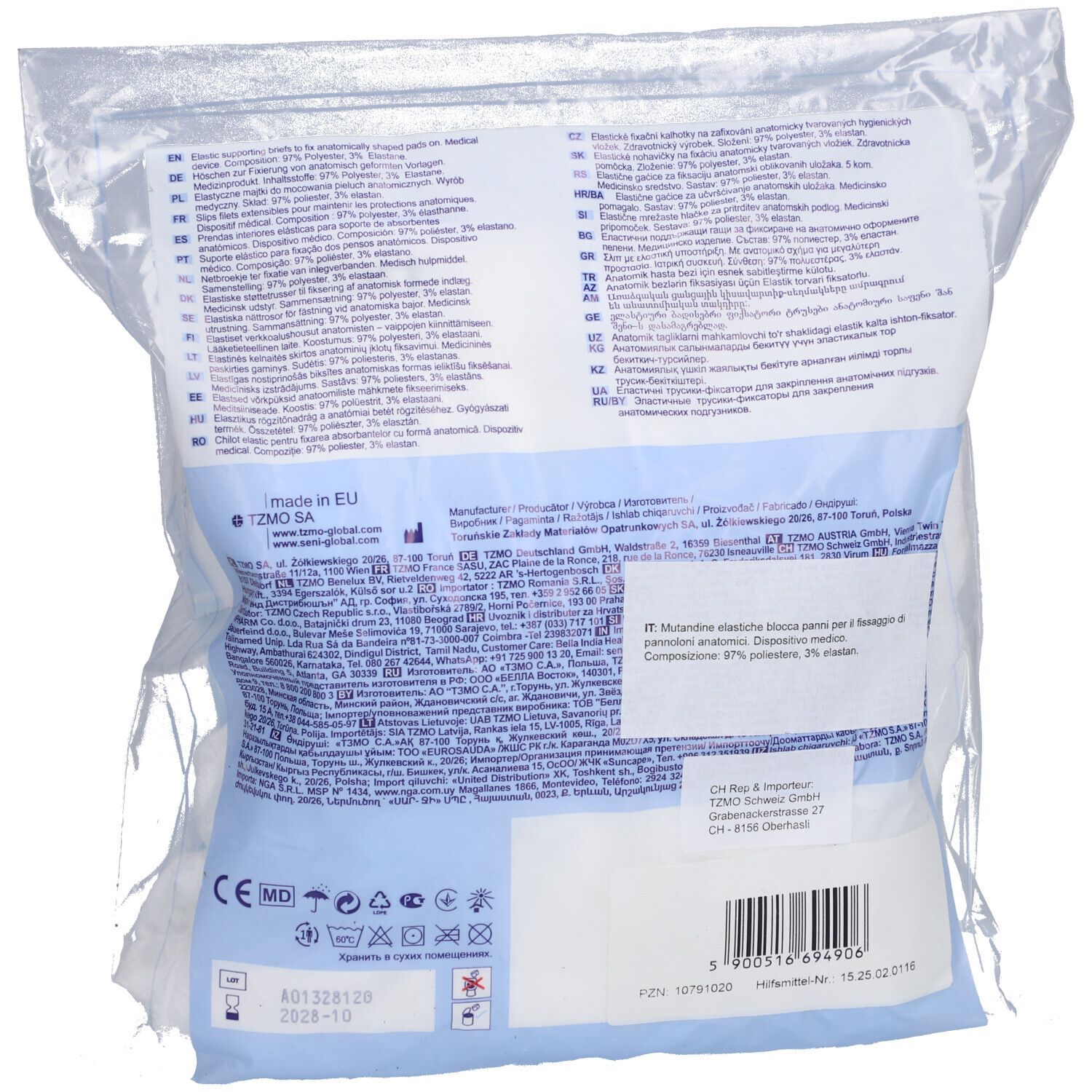 Dos du paquet SENI Fix Comfort. Texte multilingue. Code-barres et symboles de lavage.