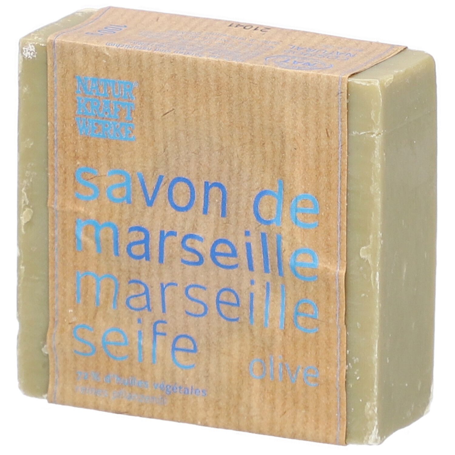 Zeep met papieren wikkel. Opschrift: Savon de Marseille, Marseille Seife, Olive. Merk Naturkraftwerke.