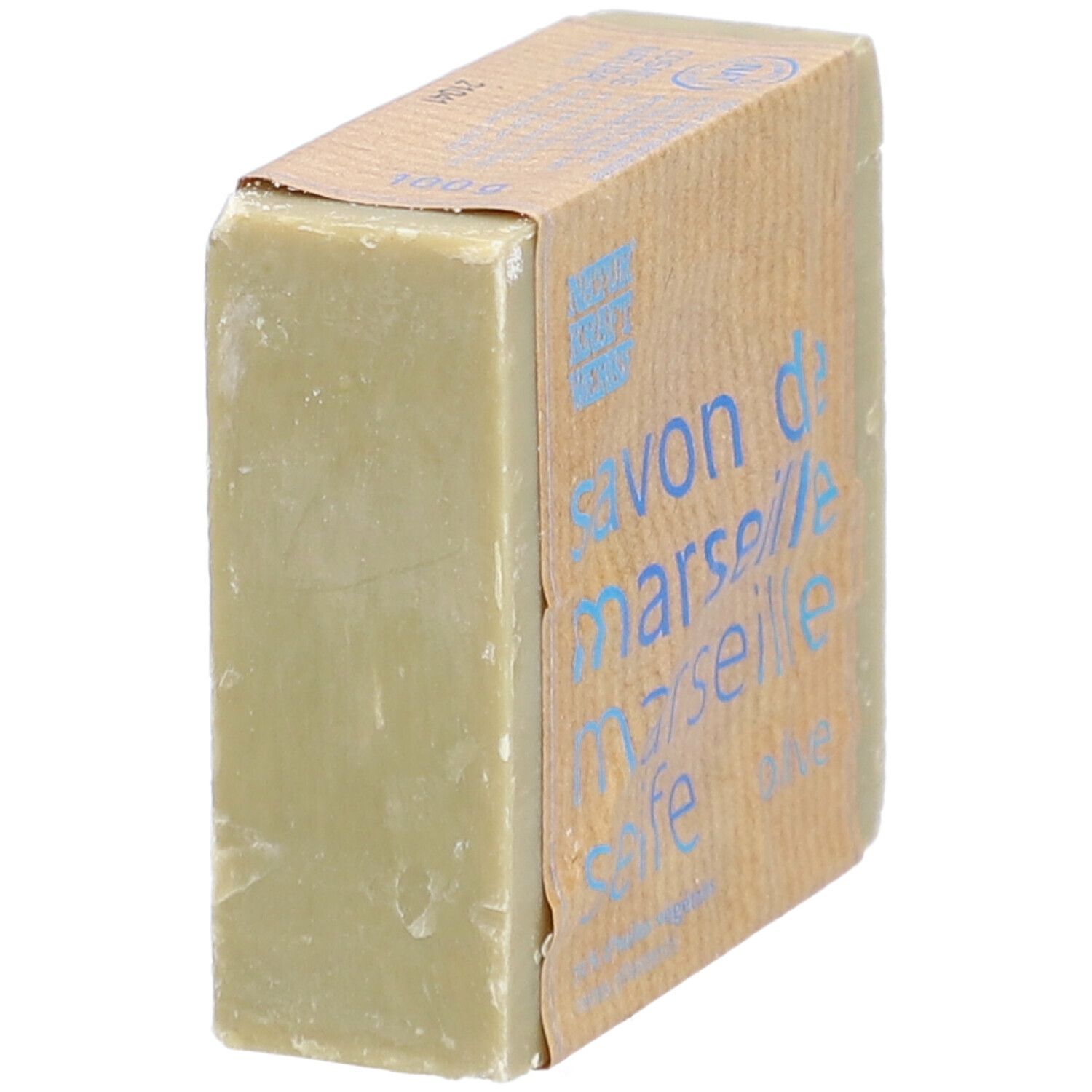 Rechthoekige zeep met papieren wikkel. Opschrift: Savon de Marseille, Marseille Seife, Olive. Merk Naturkraftwerke.
