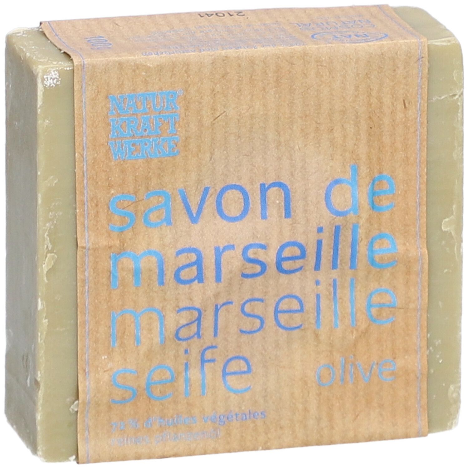 Zeep met papieren wikkel. Opschrift: Savon de Marseille, Marseille Seife, Olive. Merk Naturkraftwerke.