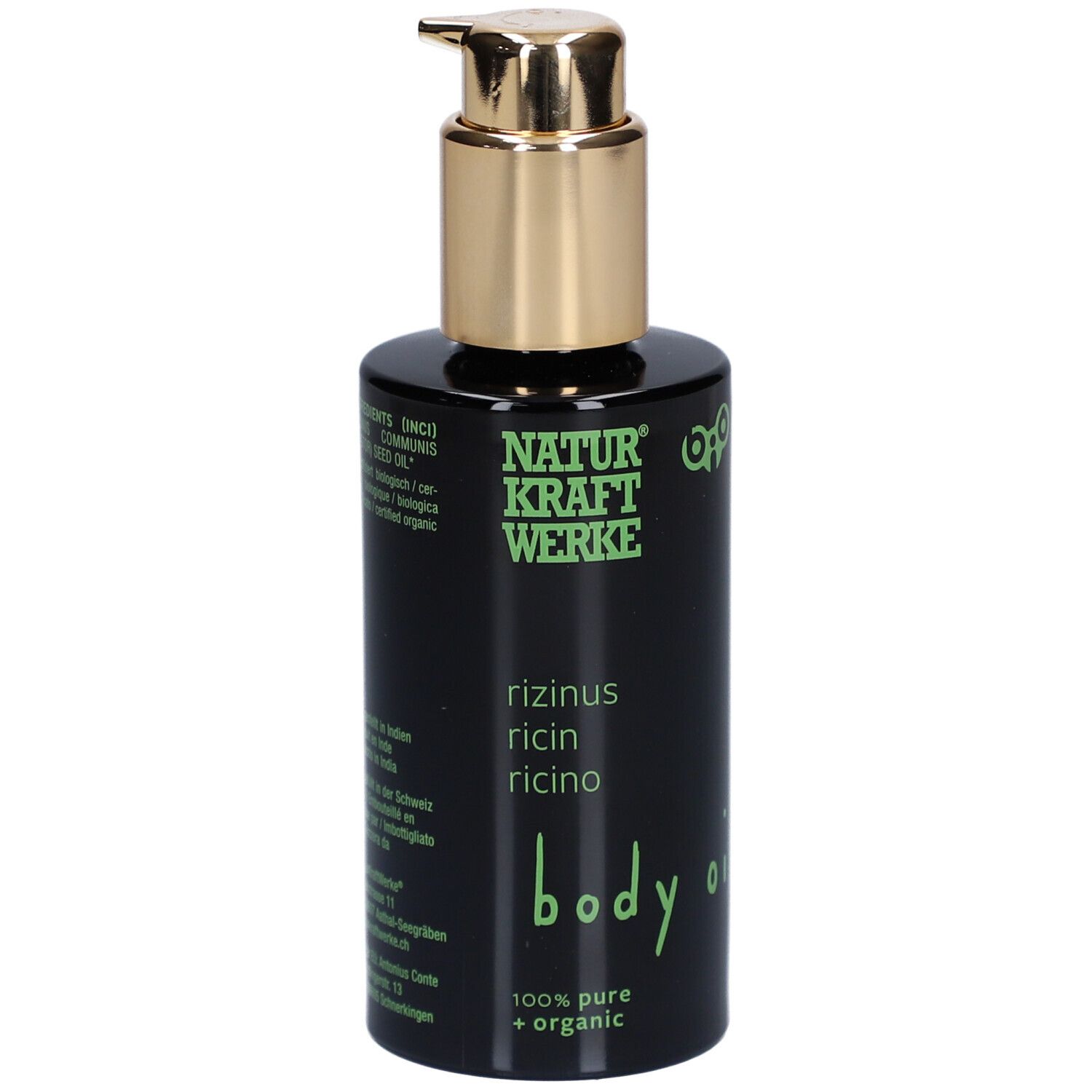 Flacon noir avec pompe dorée. Inscription: NATURKRAFTWERKE, rizinus, body oil, 100% pure + organic.