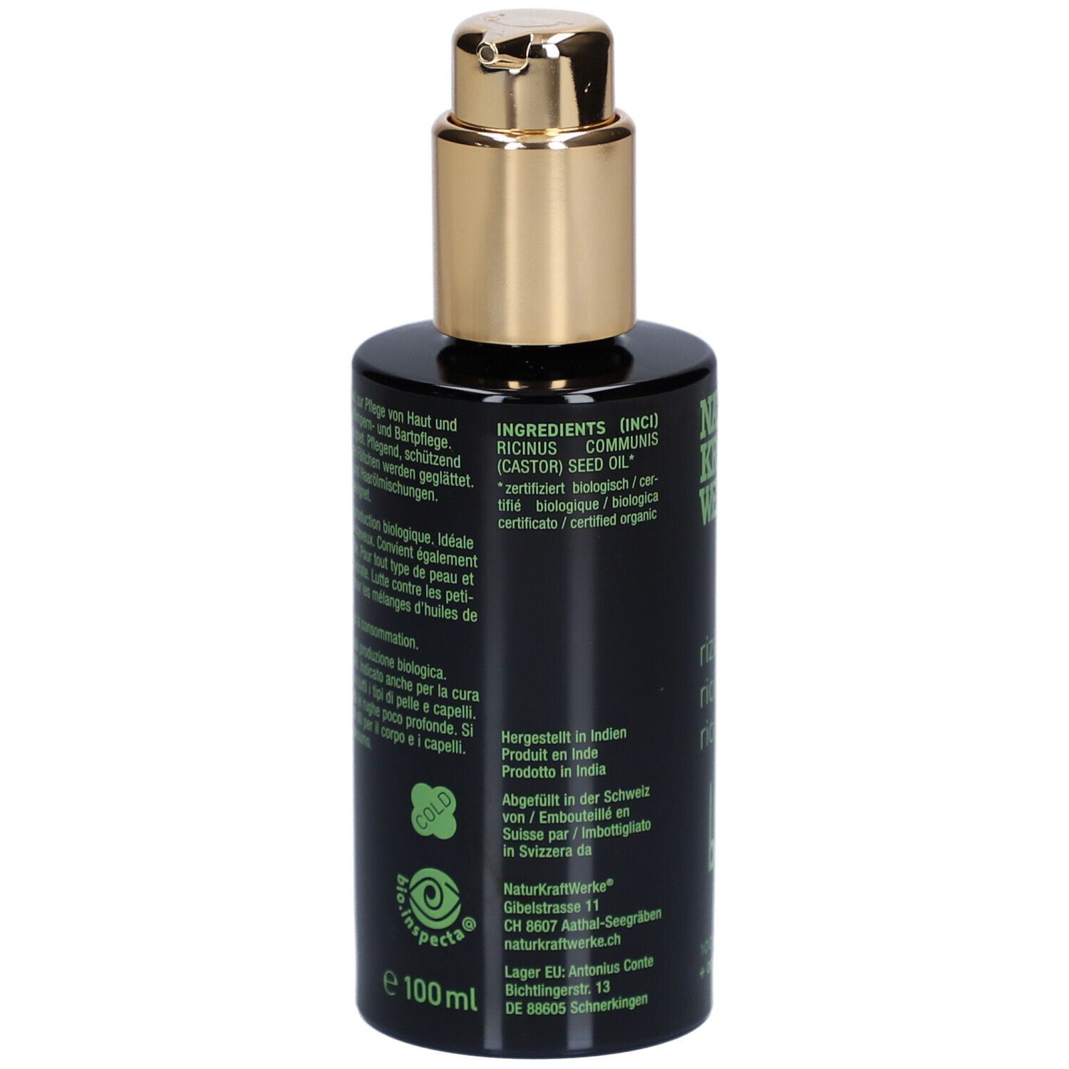 Dos du flacon noir avec pompe dorée. Texte: Ingrédients, certification, adresse du fabricant, 100 ml.