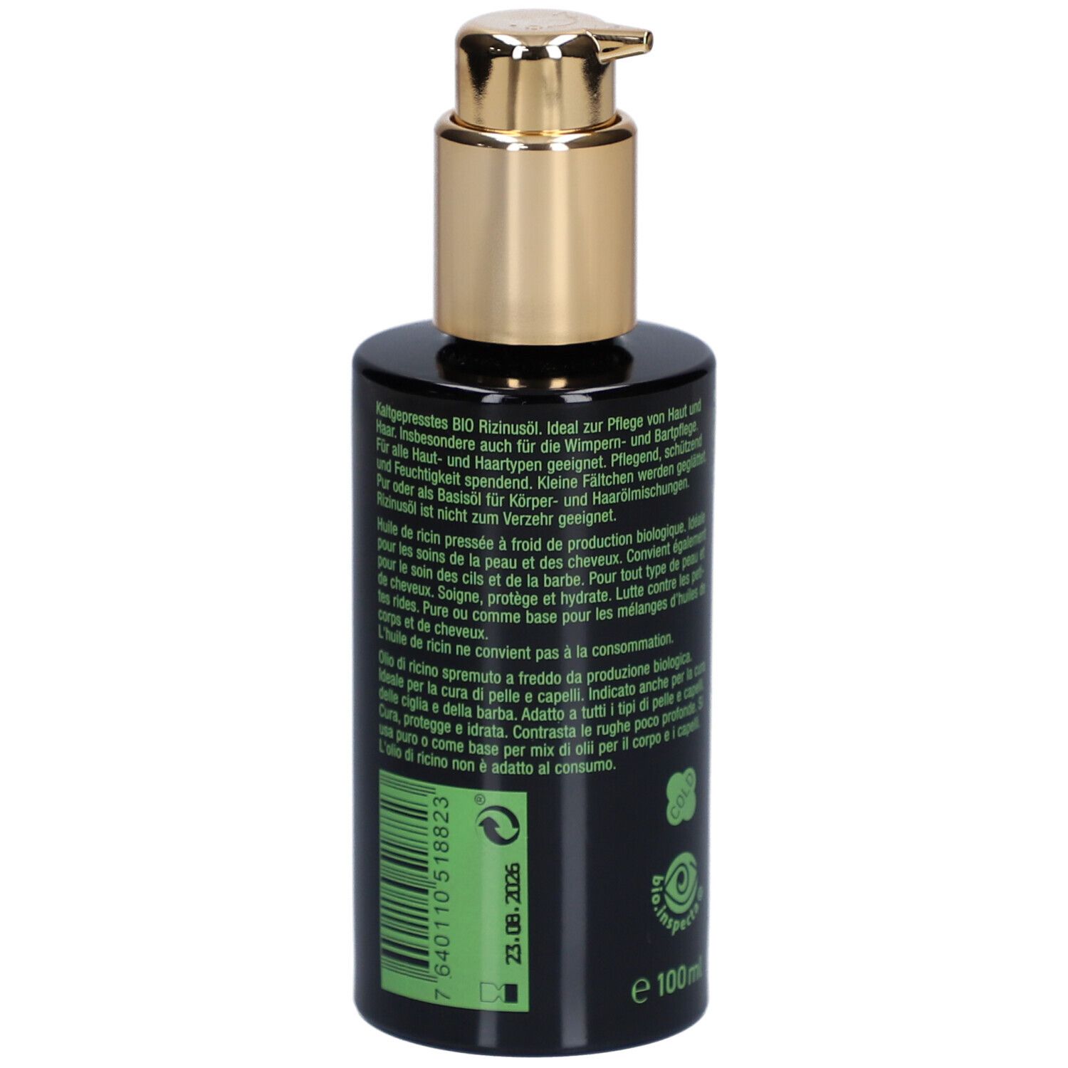 Dos du flacon noir avec pompe dorée. Texte: Utilisation, numéro de lot, date de péremption, 100 ml.