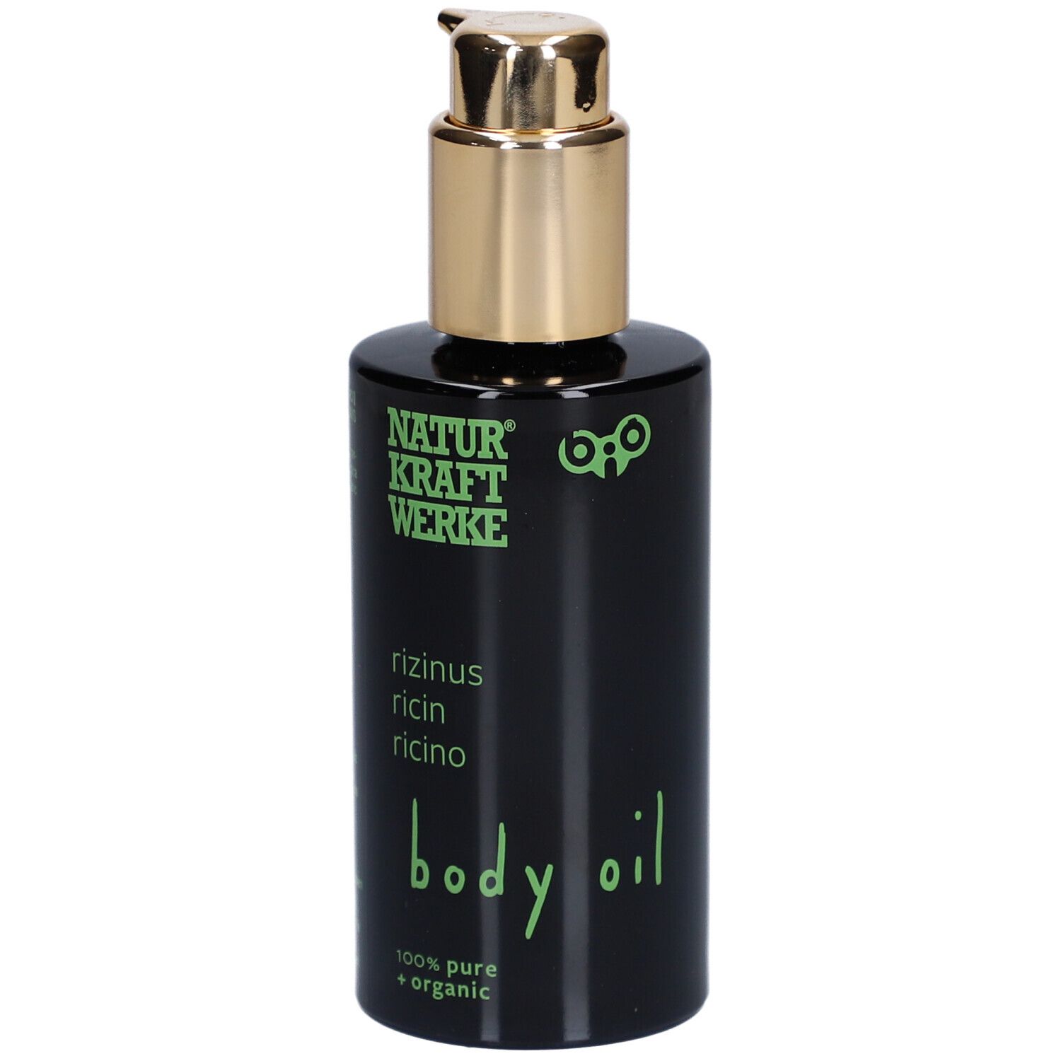 Flacon noir avec pompe dorée. Inscription: NATURKRAFTWERKE, rizinus, body oil, 100% pure + organic.