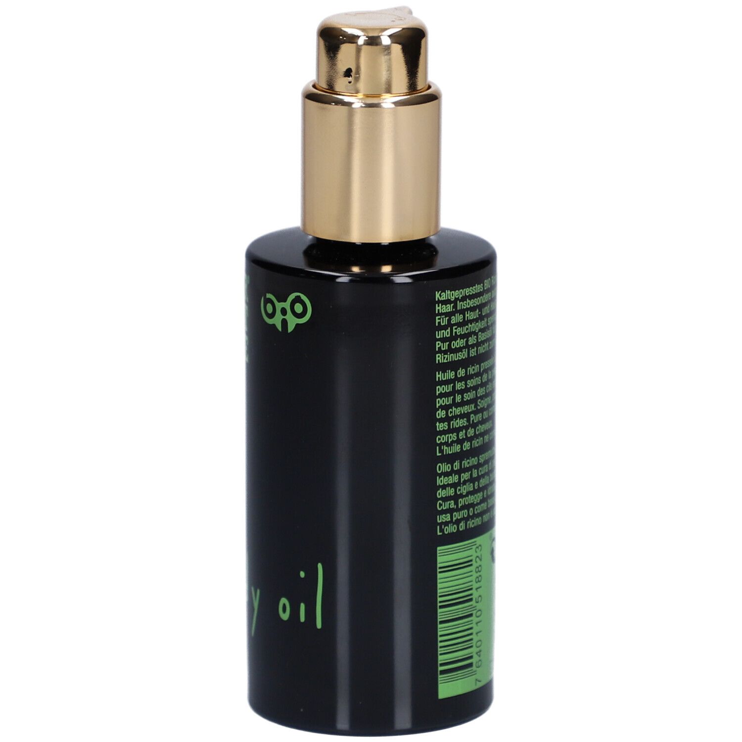 Dos du flacon noir avec pompe dorée. Texte: Utilisation, numéro de lot, date de péremption, 100 ml.