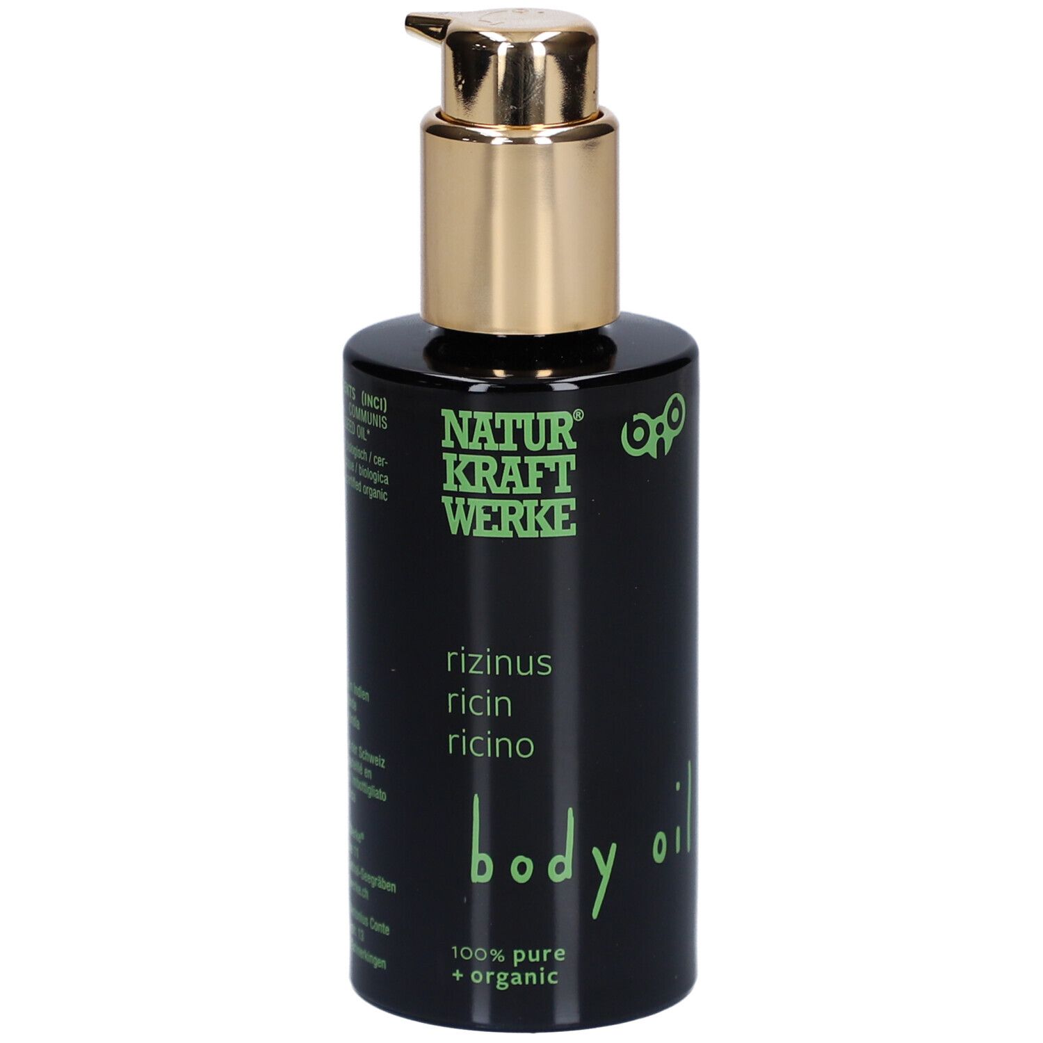 Flacon noir avec pompe dorée. Inscription: NATURKRAFTWERKE, rizinus, body oil, 100% pure + organic.