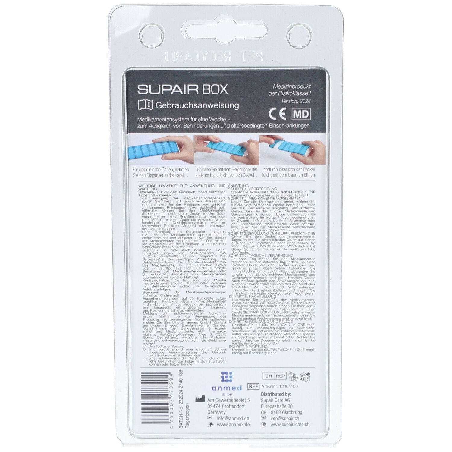 Achterkant van de pillendoosverpakking. Gebruiksaanwijzing en CE-markering. Blisterverpakking.