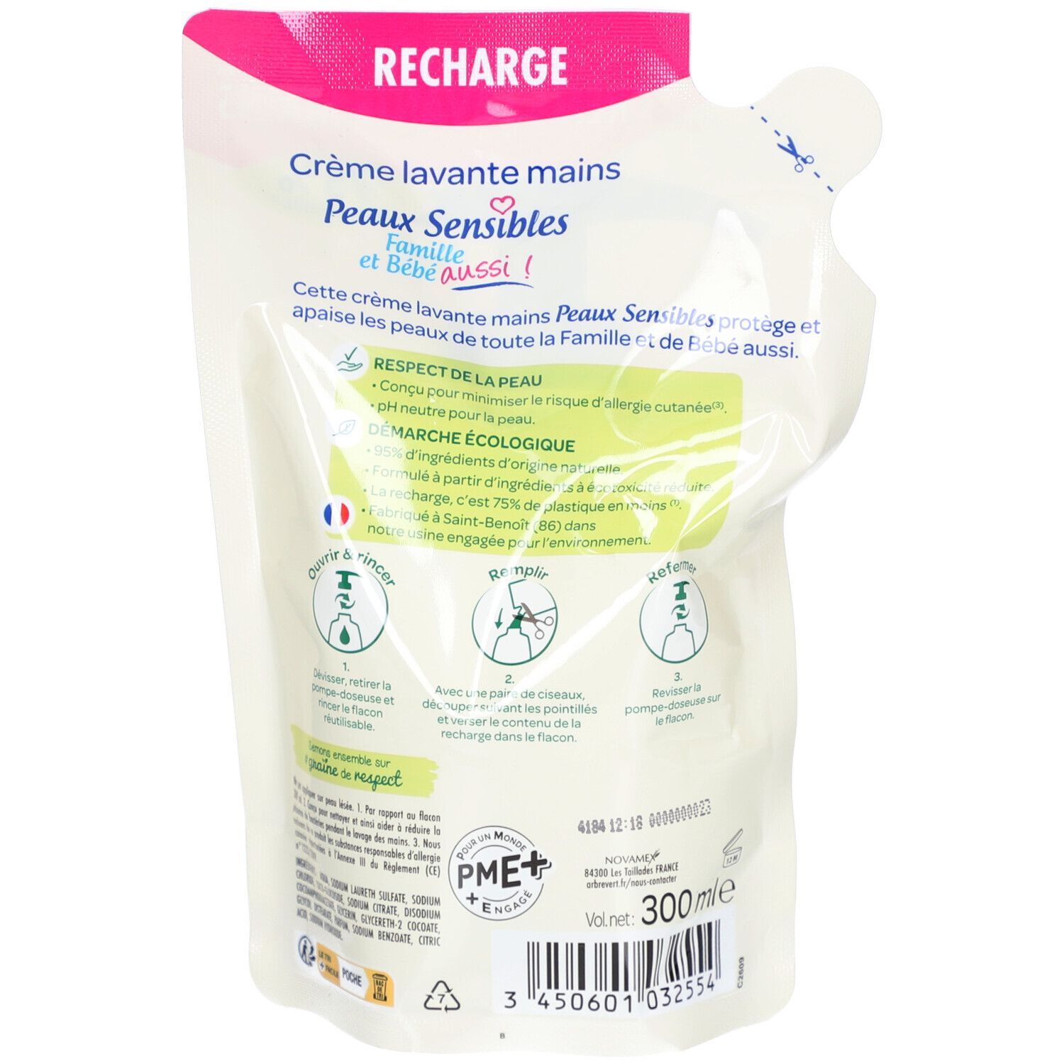 Dos du sachet de recharge. Texte: Creme lavante mains, Peaux Sensibles. Illustrations d'utilisation. Texte: 300ml.