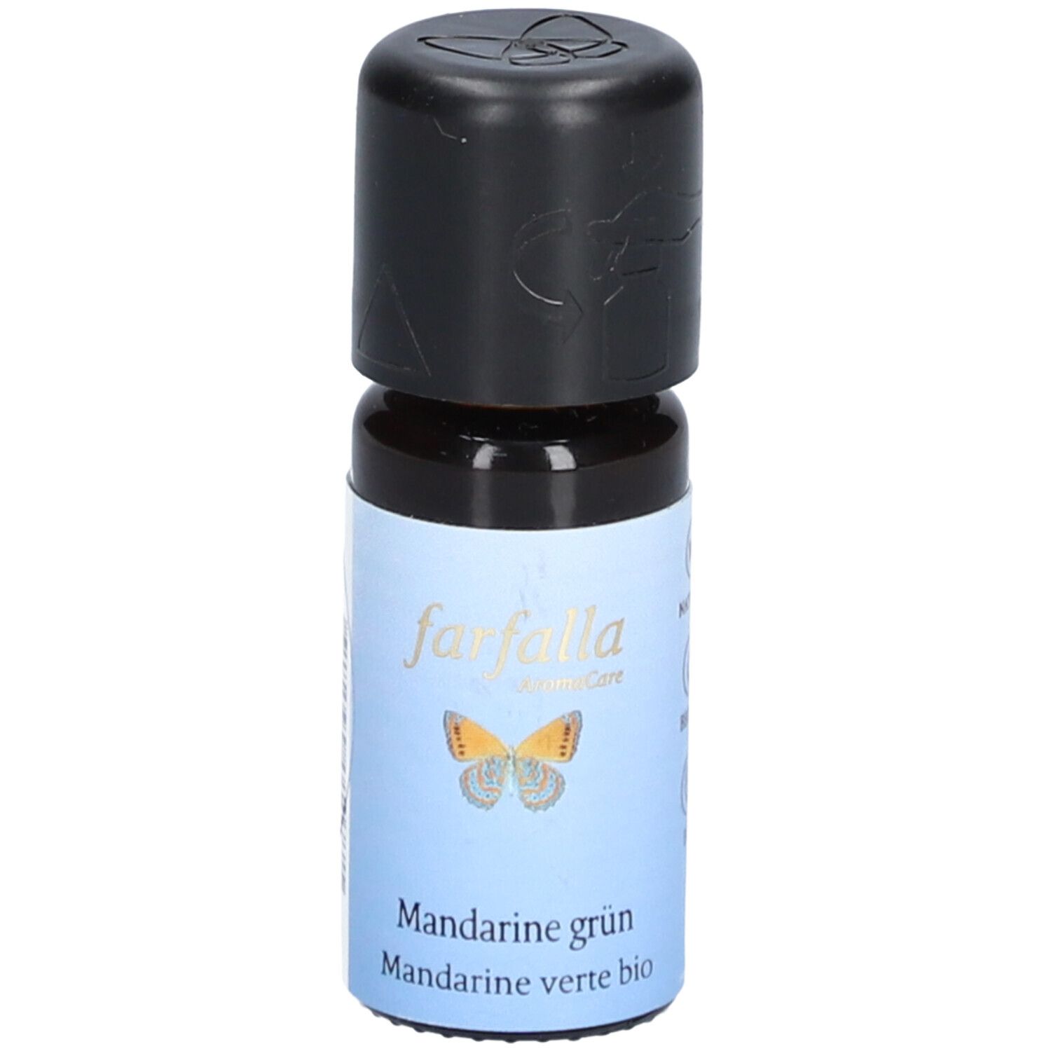 Bruine glazen fles met zwarte dop. Opschrift: Farfalla, Mandarine grün, Mandarine verte bio. Afbeelding van een vlinder.