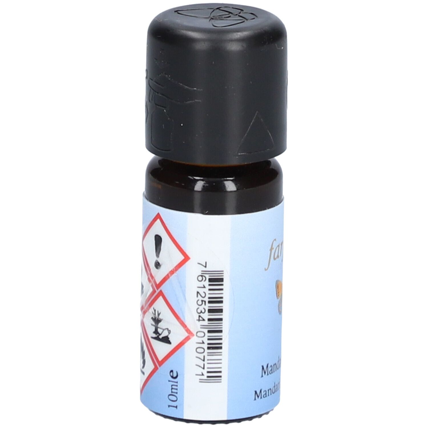 Bruine glazen fles met zwarte dop. Opschrift: Farfalla. Barcode en gevaarsymbolen. Opschrift: 10ml.