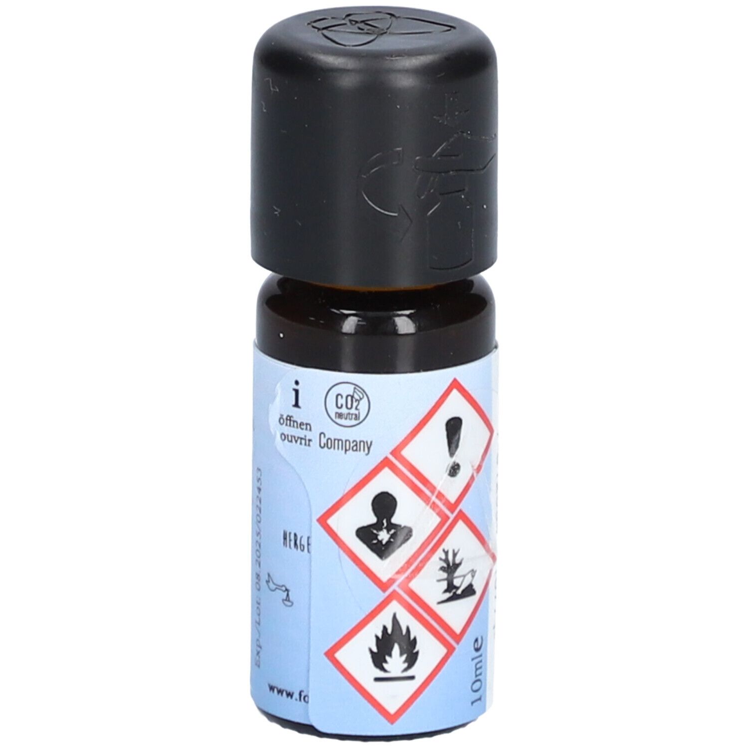 Bruine glazen fles met zwarte dop. Gevaarsymbolen en opschrift: 10ml. Opschrift: i, openen, hoeveelheid.