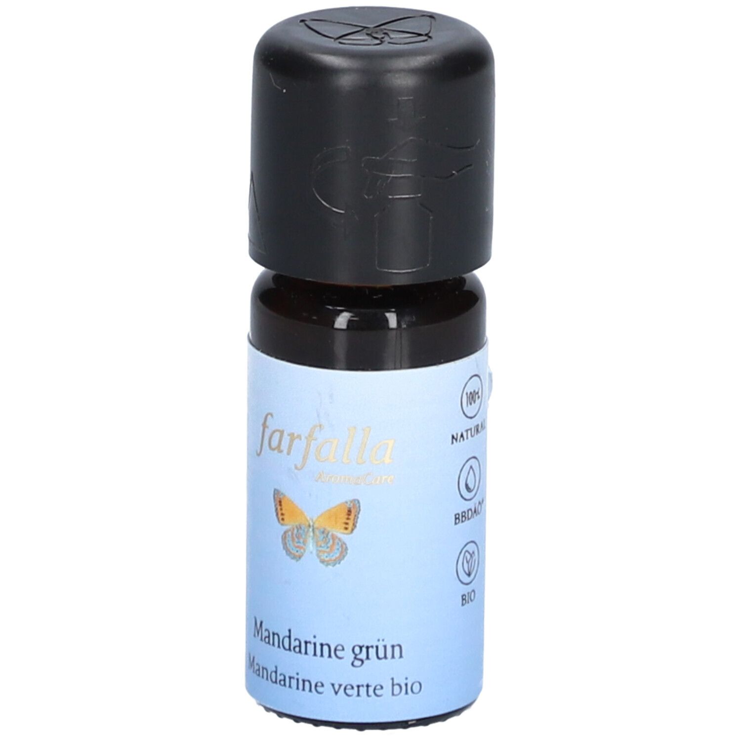 Bruine glazen fles met zwarte dop. Opschrift: Farfalla, Mandarine grün, Mandarine verte bio. Logo's: 100% Natural, Bio.