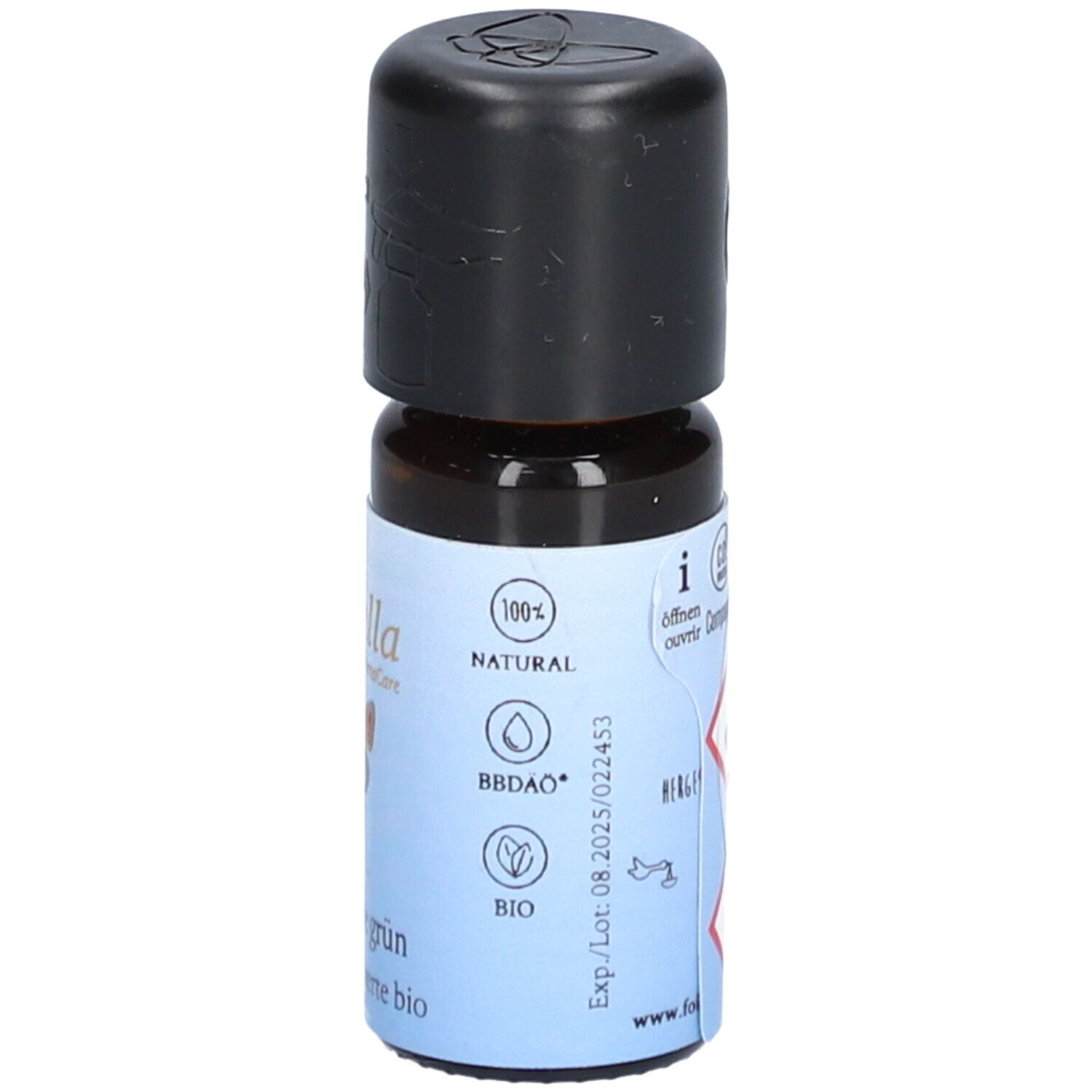 Bruine glazen fles met zwarte dop. Opschrift: Farfalla, Mandarine grün, Mandarine verte bio. Logo's: 100% Natural, Bio. Houdbaarheid.