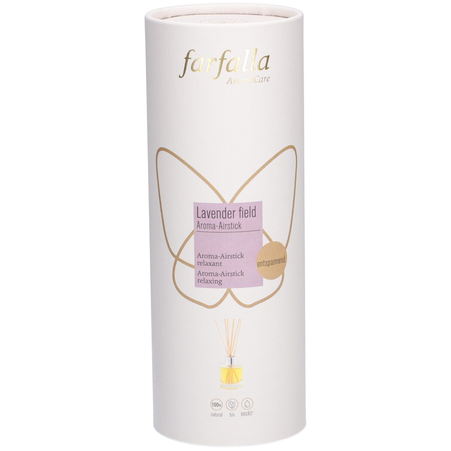 Emballage cylindrique. Inscription: farfalla, Lavendelfeld Aroma-Airstick. Illustration d'un papillon et d'un bâtonnet aromatique.