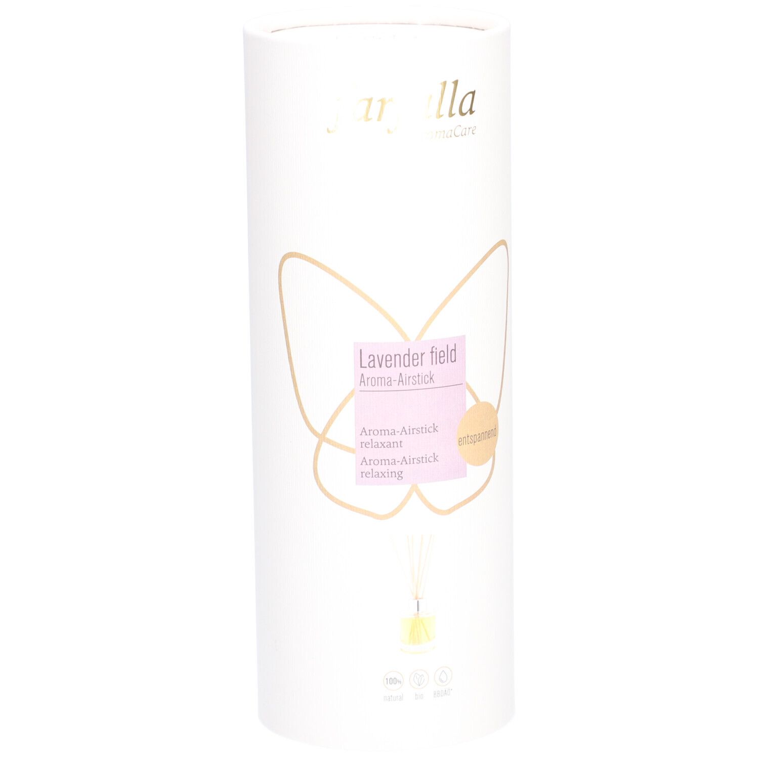 Emballage cylindrique. Inscription: farfalla, Lavendelfeld Aroma-Airstick. Illustration d'un papillon et d'un bâtonnet aromatique.