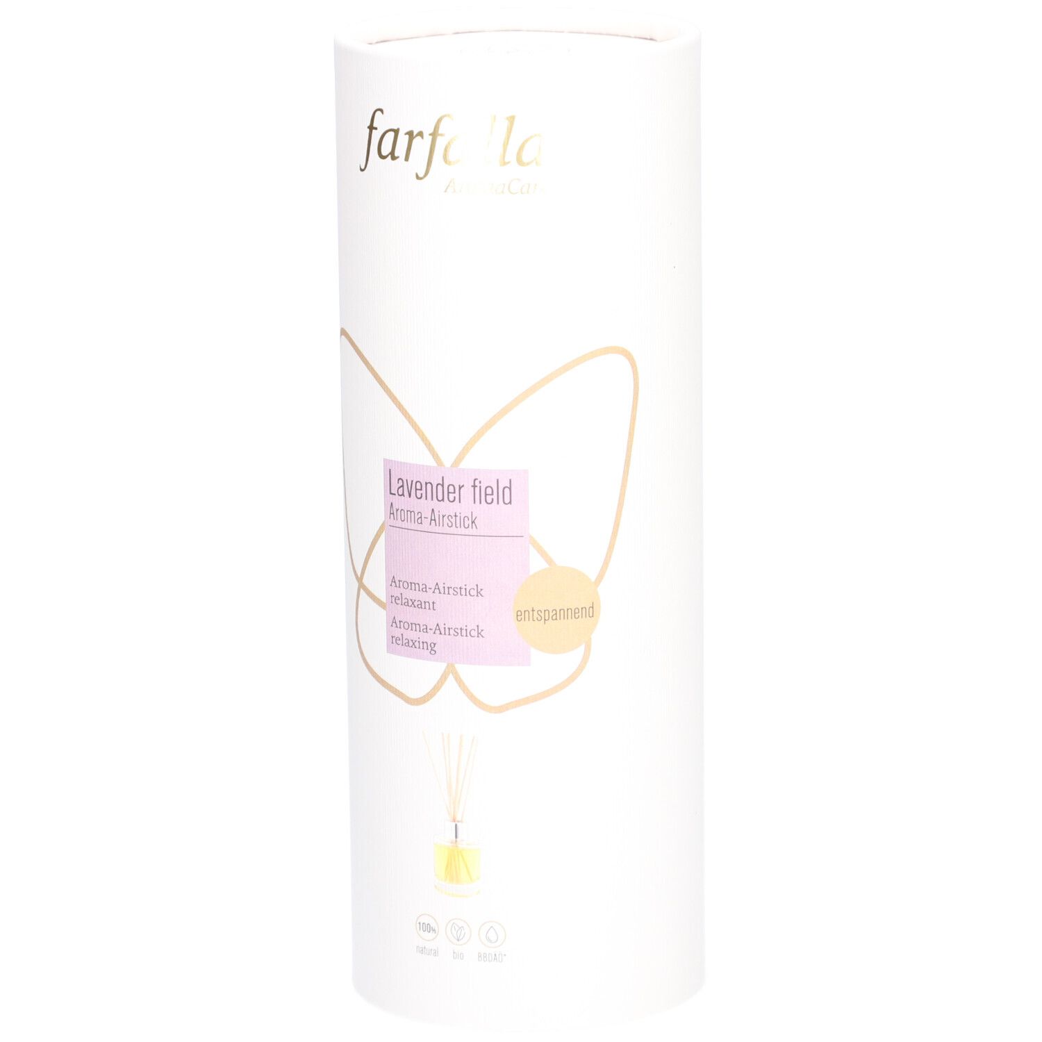 Emballage cylindrique. Inscription: farfalla, Lavendelfeld Aroma-Airstick. Illustration d'un papillon et d'un bâtonnet aromatique.