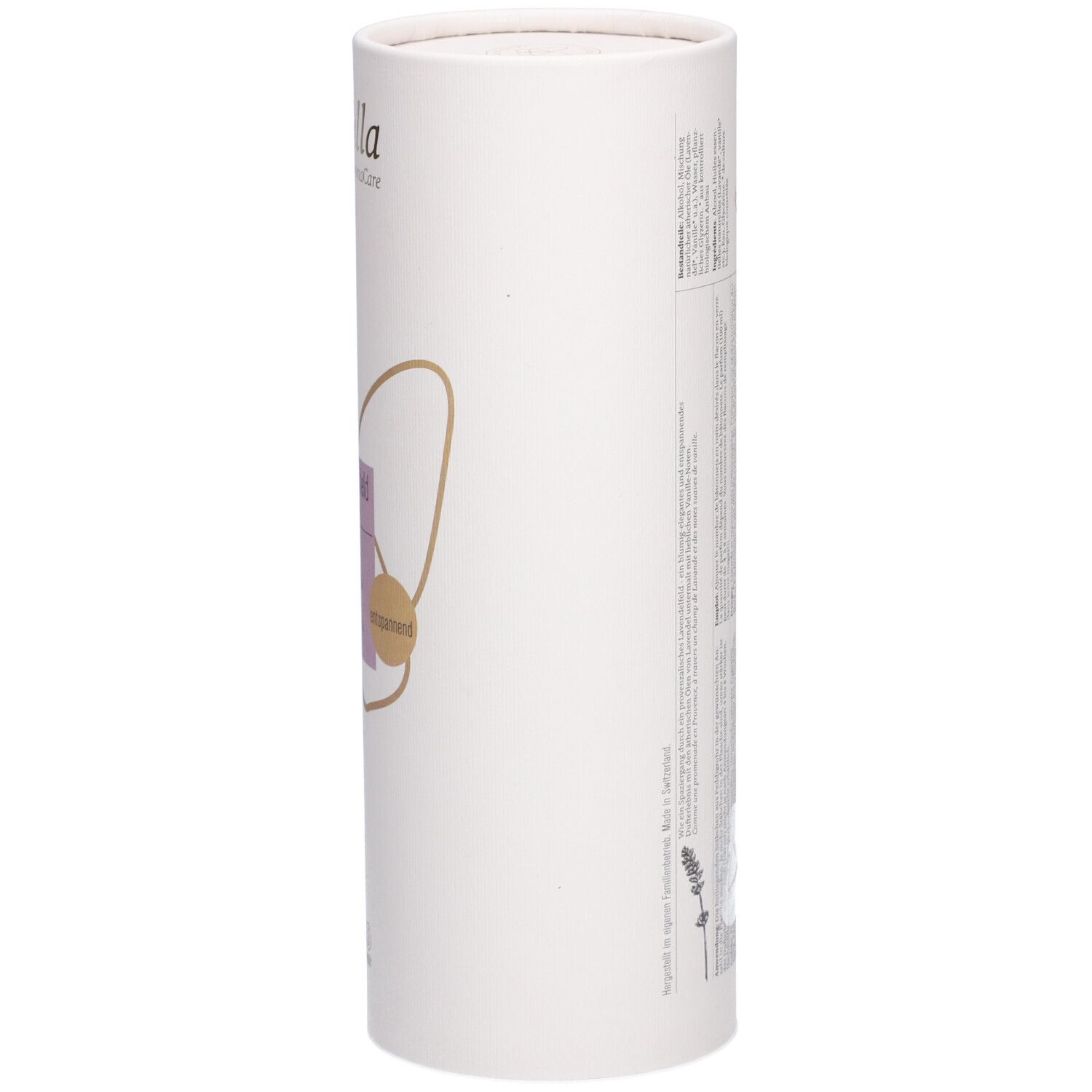 Emballage cylindrique. Inscription: farfalla. Texte et symboles sur l'emballage. Dos avec texte.