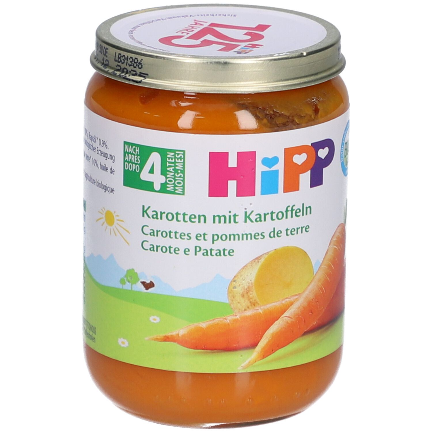 Pot de purée HiPP Bio-Carottes-Pommes de terre à partir de 4 mois. Étiquette avec illustrations de carottes et de pommes de terre.