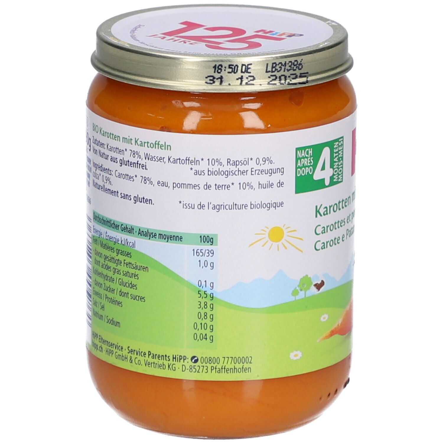 Dos du pot de purée HiPP Bio-Carottes-Pommes de terre. Informations nutritionnelles et liste des ingrédients visibles.
