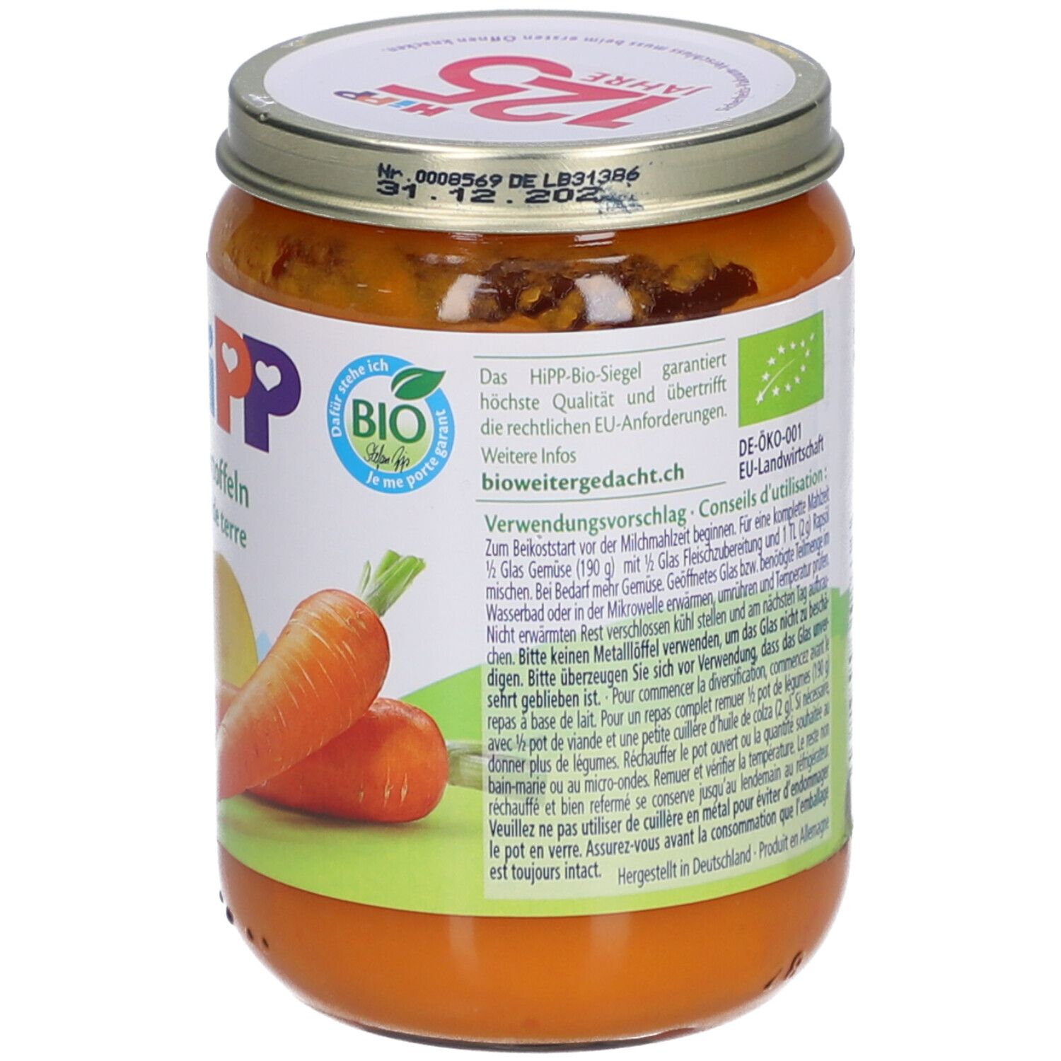 Dos du pot de purée HiPP Bio-Carottes-Pommes de terre. Texte sur les labels de qualité et l'utilisation.