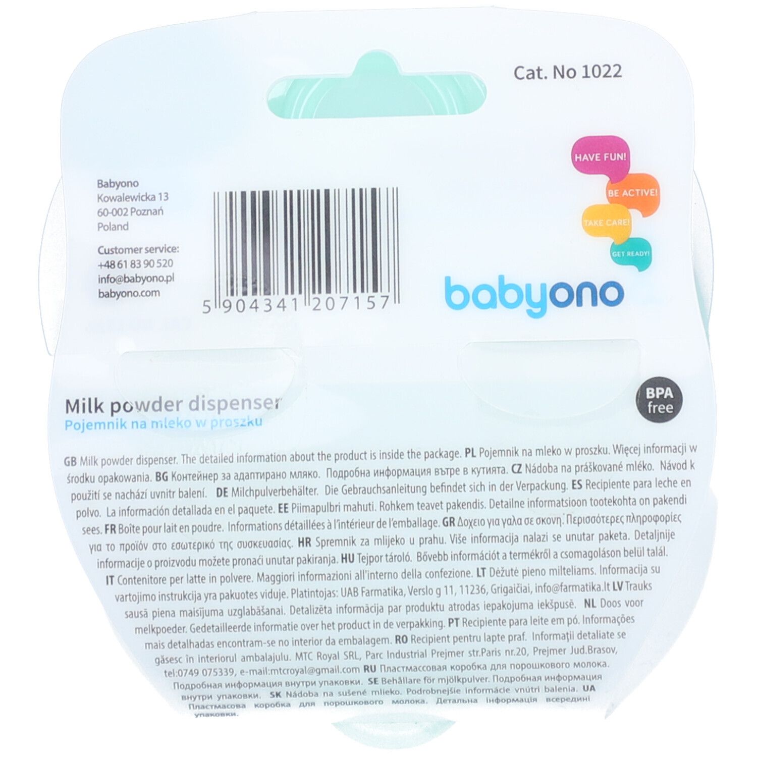 Verpakking van de Babyono melkpoederdispenser. Achterkant met productinformatie en barcode. BPA-vrij.