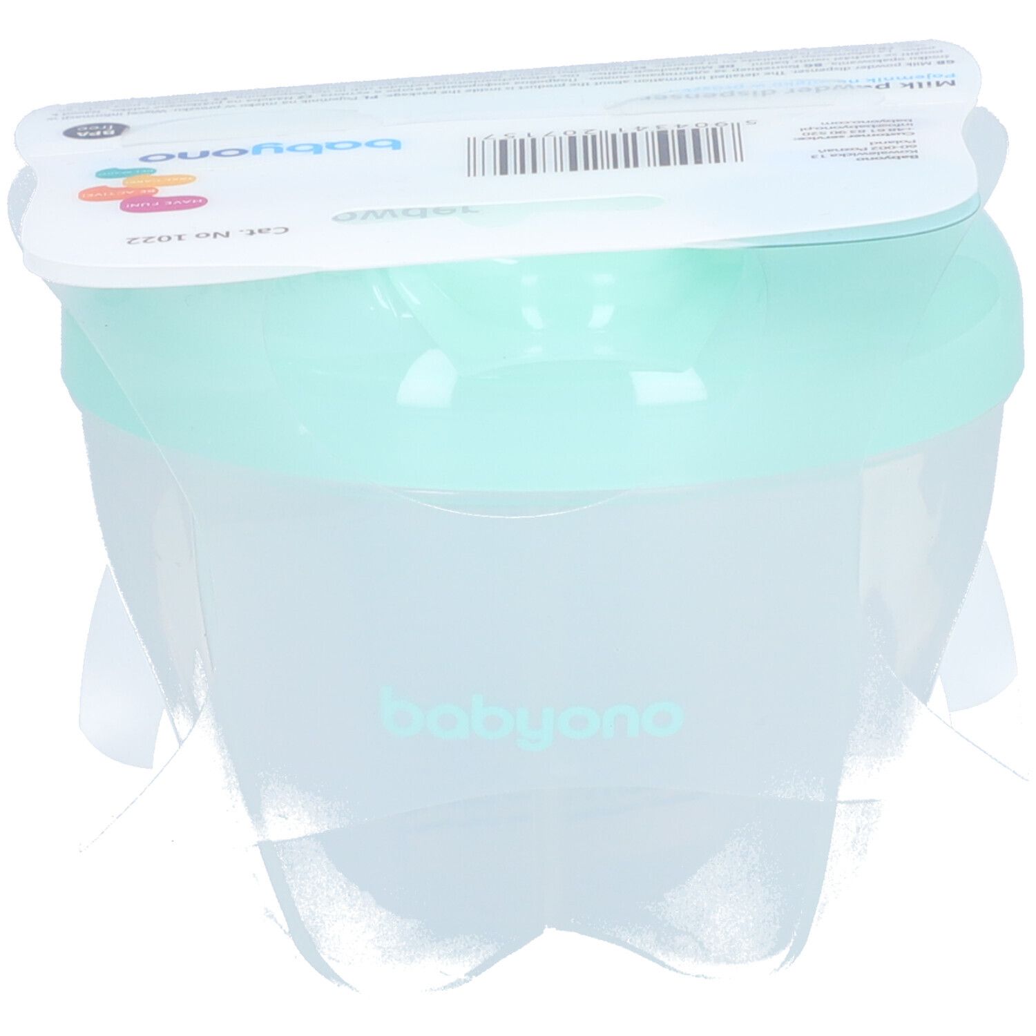 Babyono melkpoederdispenser, transparant met mintgroen deksel. Verpakt in folie.