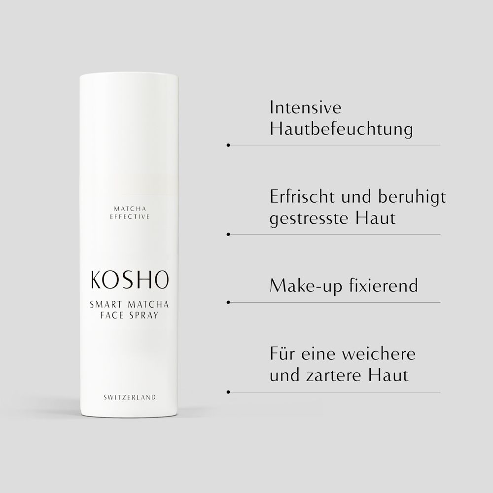 Witte spray met KOSHO Smart Matcha Face Spray. Tekst: Intensieve huidhydratatie, make-up fixerend.
