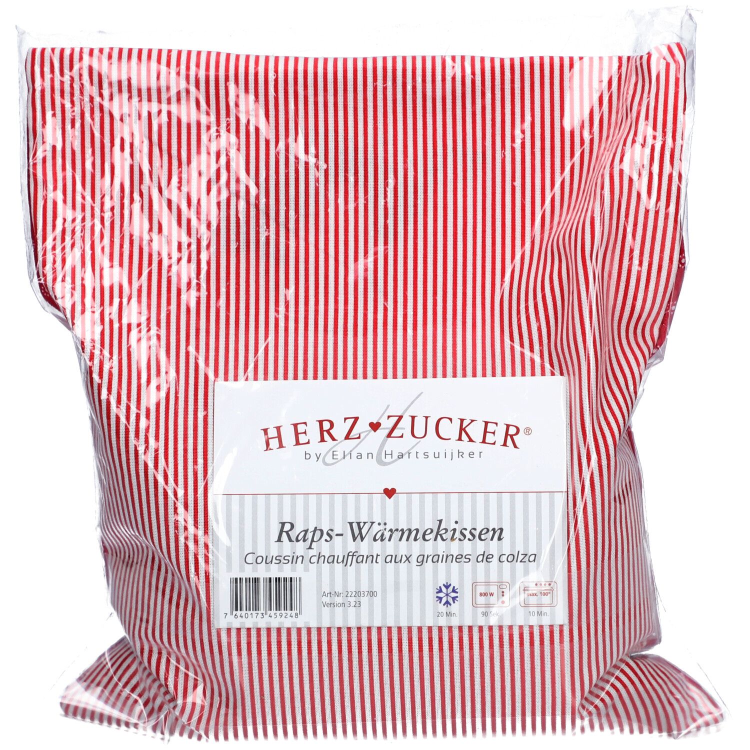 Rood gestreept warmtekussen in plastic verpakking. Etiket met productnaam, merk HERZZUCKER® en tekst. Koude- en warmtesymbolen.
