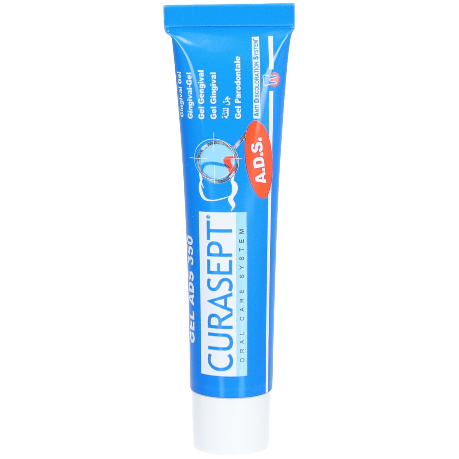 Tube bleue avec bouchon blanc. Inscription CURASEPT ADS 350, Gel Gingival. Autocollant rouge avec A.D.S. et logo.