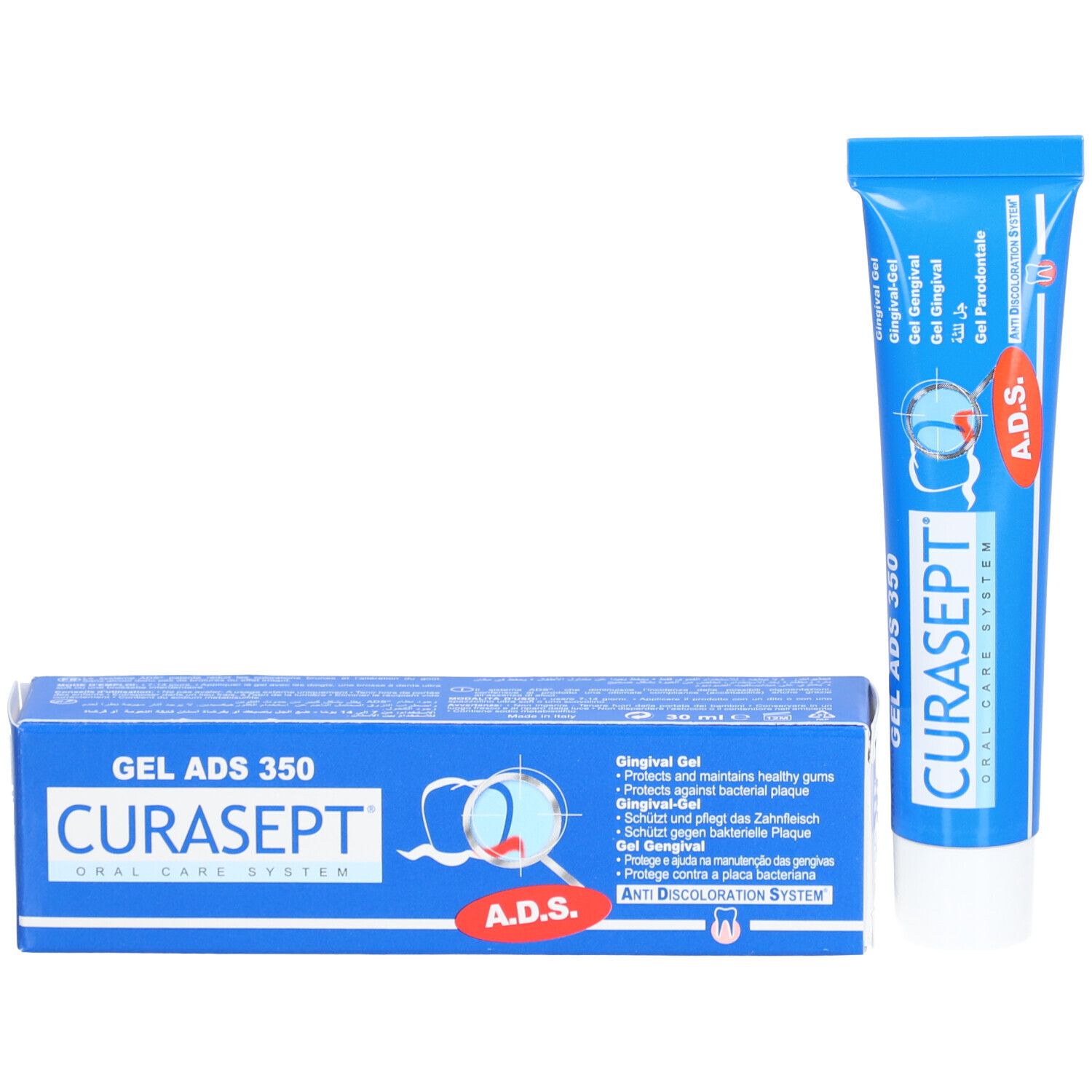 Emballage et tube du produit. Boîte bleue et tube avec CURASEPT ADS 350. Texte en plusieurs langues. Autocollant A.D.S. rouge.