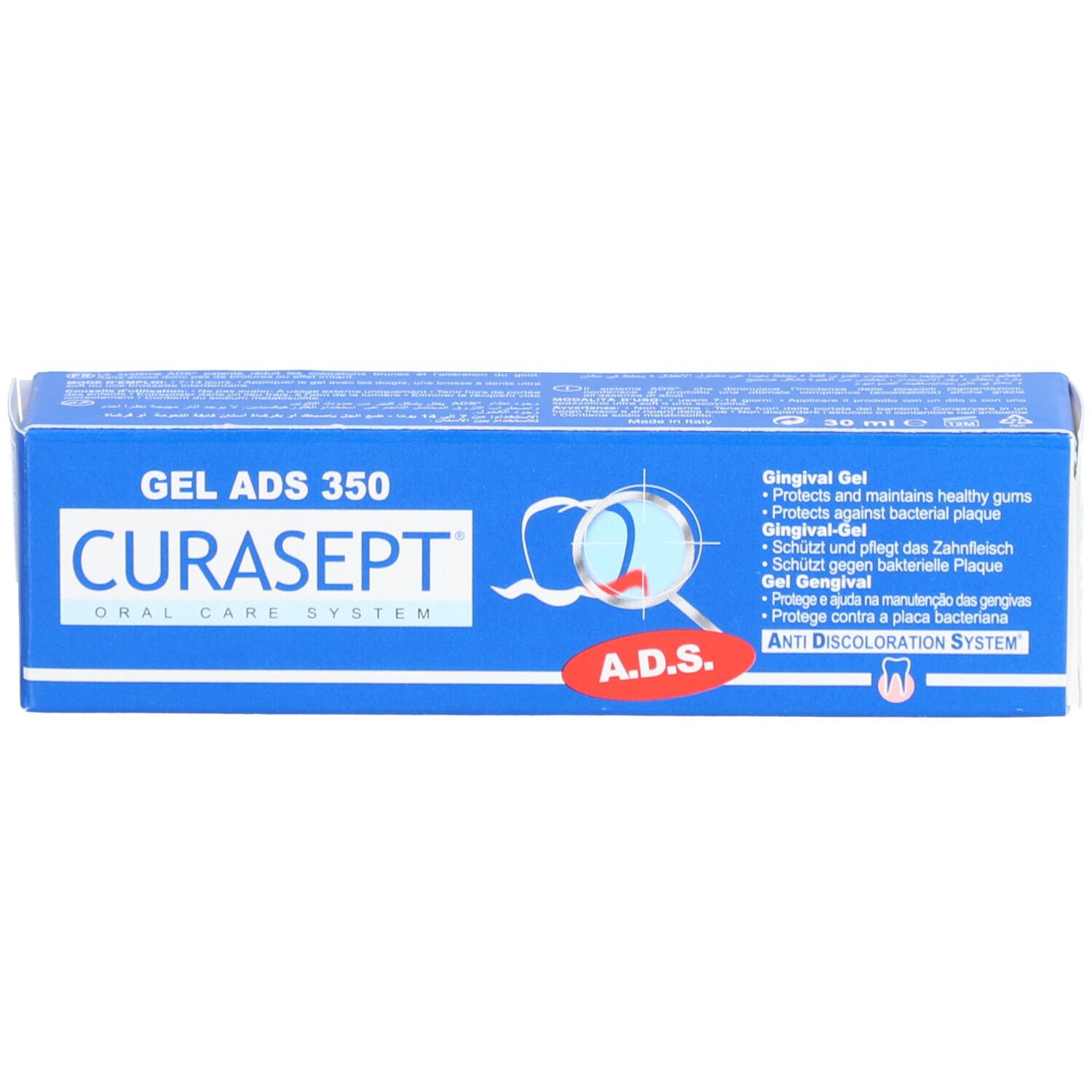 Boîte bleue avec CURASEPT ADS 350. Texte en plusieurs langues. Autocollant A.D.S. rouge. Contient Gel Gingival.