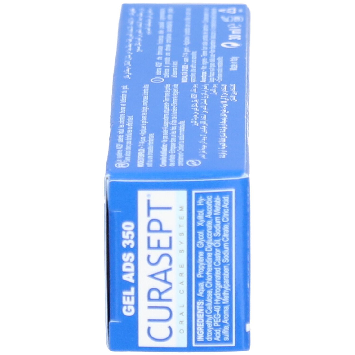 Vue latérale de la boîte bleue. Inscription CURASEPT ADS 350. Ingrédients et autres informations en plusieurs langues.