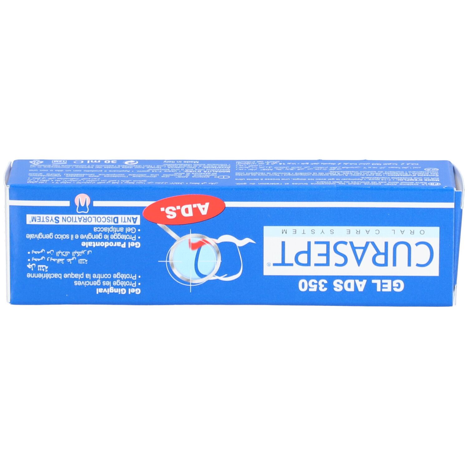 Boîte bleue avec CURASEPT ADS 350. Texte en plusieurs langues. Autocollant A.D.S. rouge. Contient Gel Gingival.