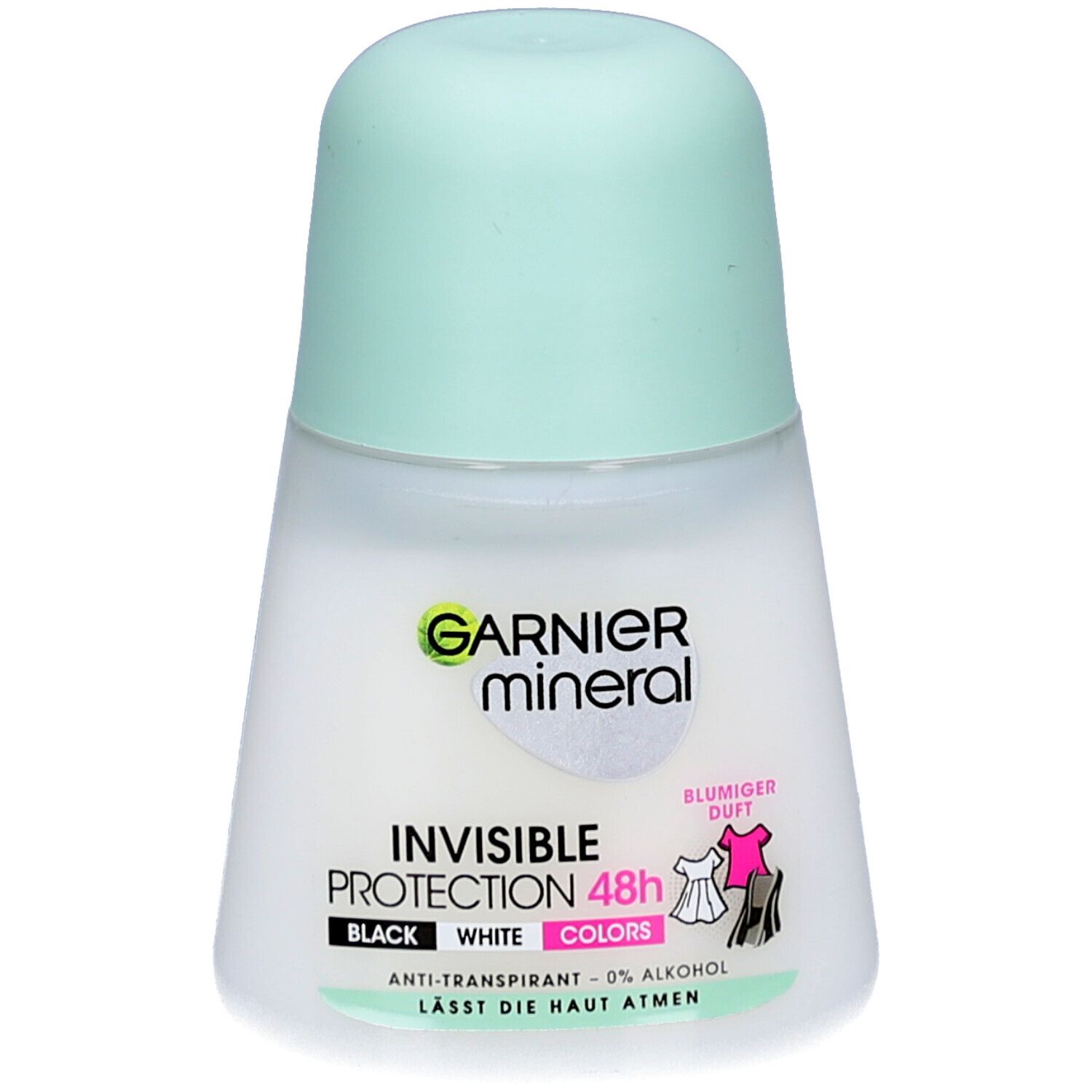 Deo roller met lichtgroene dop. Opschrift: GARNIER mineral, Invisible Protection 48h. Voor zwarte, witte en gekleurde kleding.