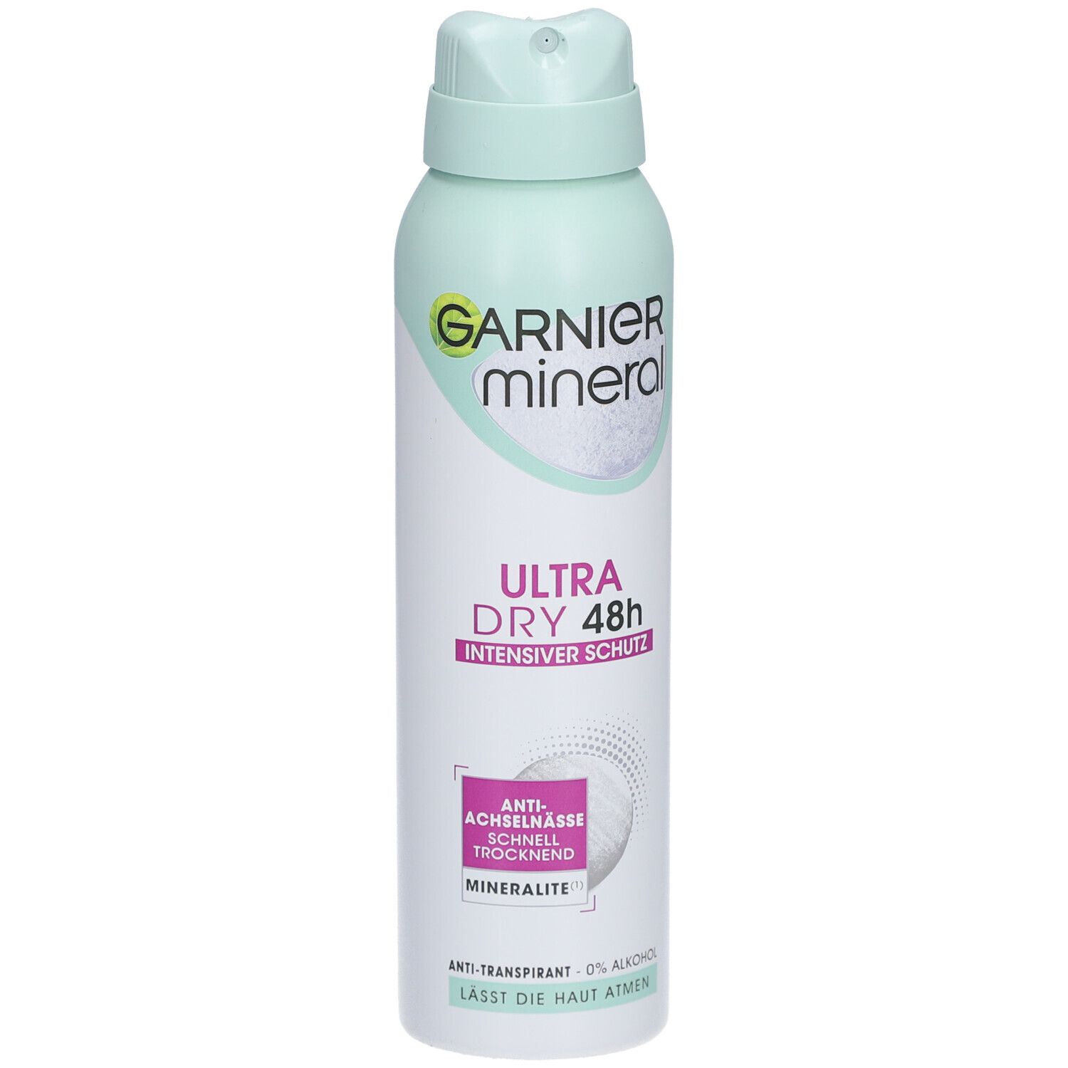 Sprayfles Garnier Mineral. Tekst: Ultra Dry 48h, Intensiver Schutz. Anti-transpirant, 0% alcohol.
