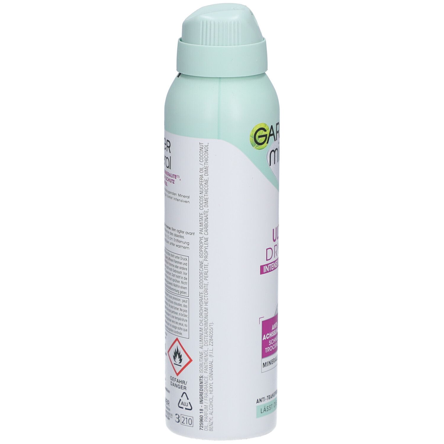 Zijaanzicht van de sprayfles. Tekst: Garnier Mineral. Ingrediënten, waarschuwingen, pictogrammen. Recyclingsymbool.