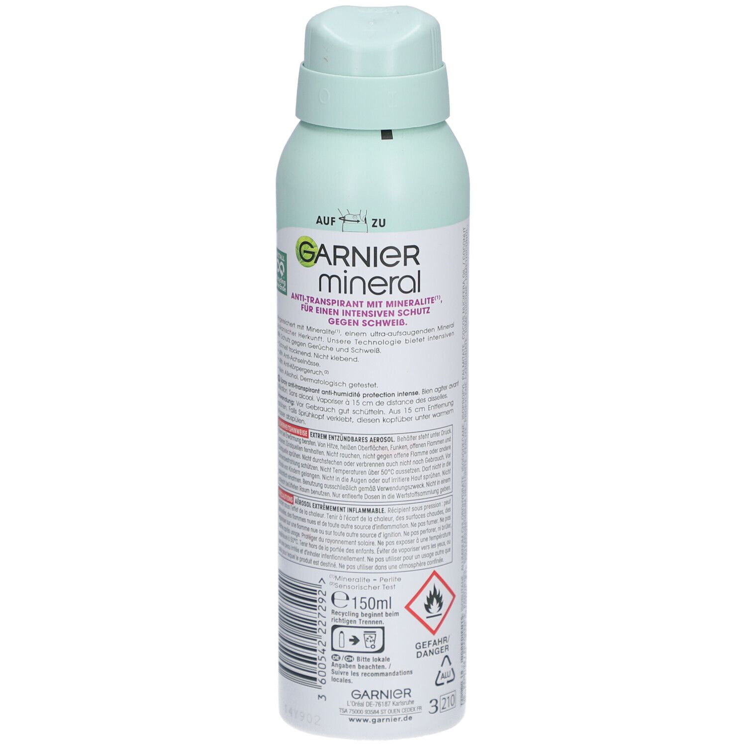 Achterkant van de sprayfles. Tekst: Garnier Mineral, Anti-transpirant, 150ml. Waarschuwing, recyclingsymbool. Open/dicht indicator.