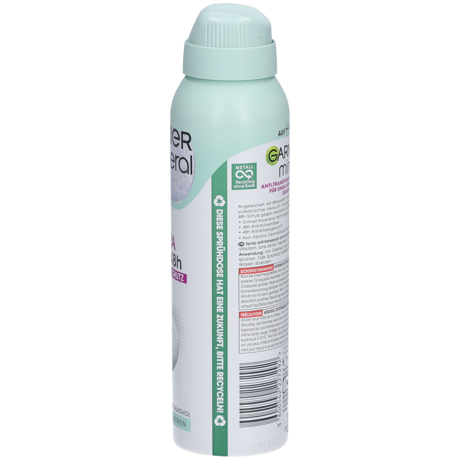 Zijaanzicht van de sprayfles. Tekst: Garnier Mineral, Anti-transpirant. Recycling instructies. Ingrediënten, waarschuwingen.