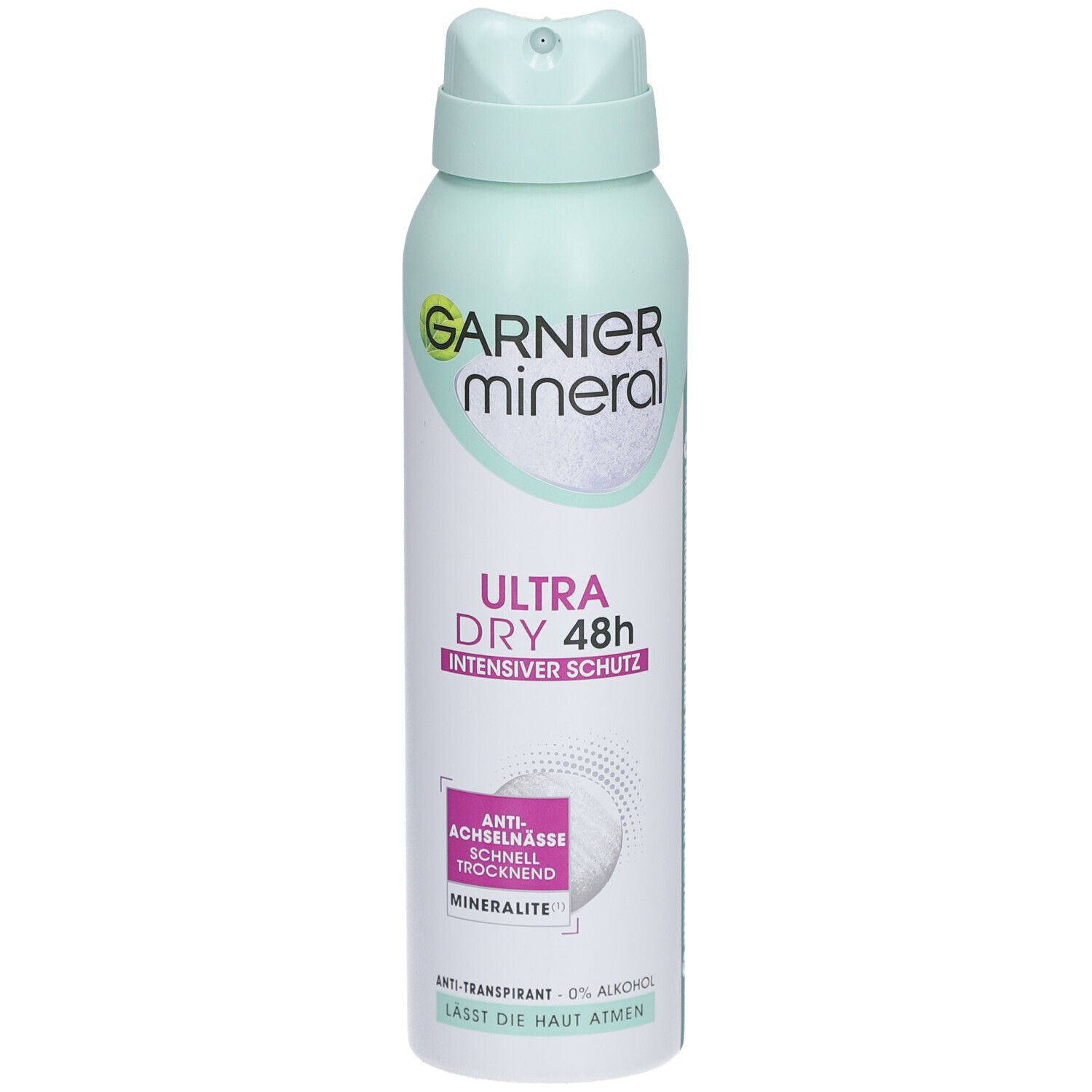 Sprayfles Garnier Mineral. Tekst: Ultra Dry 48h, Intensiver Schutz. Anti-transpirant, 0% alcohol.